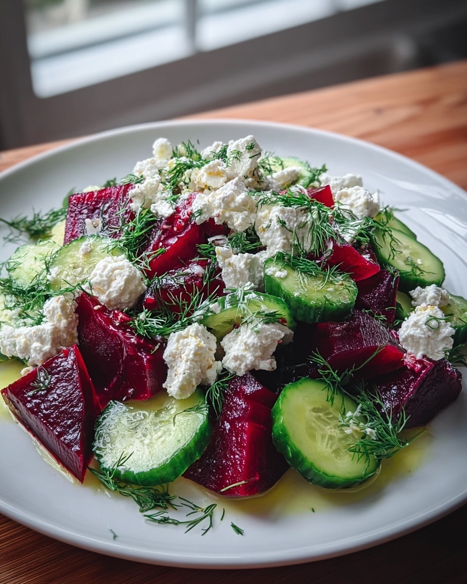 A white plate holds a fresh salad layered with thick, shiny, deep red beet chunks forming the base layer, topped with bright green cucumber slices with dark green edges scattered throughout. On top, fluffy white cottage cheese is spread unevenly in small dollops, adding texture and contrast. Delicate sprigs of fresh green dill are sprinkled all over, giving a fresh, leafy look. The dish is lightly drizzled with glistening olive oil that pools slightly around the edges. The plate sits on a wooden surface near a window, with soft natural light coming in. photo taken with an iphone --ar 4:5 --v 7