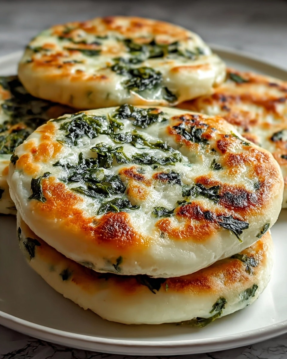 The image shows four thick, round flatbreads stacked on a white plate, each about one layer thick with a smooth, creamy white dough base. The flatbreads have dark green leafy herbs or vegetables mixed throughout the dough, creating a marbled pattern. The top surfaces are golden brown with patches of slight charring, giving a crispy texture, while the edges appear soft and slightly puffed. The flatbreads look moist with a light sheen, emphasizing their fresh, cooked state. The setting includes a white marbled texture surface beneath the plate. photo taken with an iphone --ar 4:5 --v 7