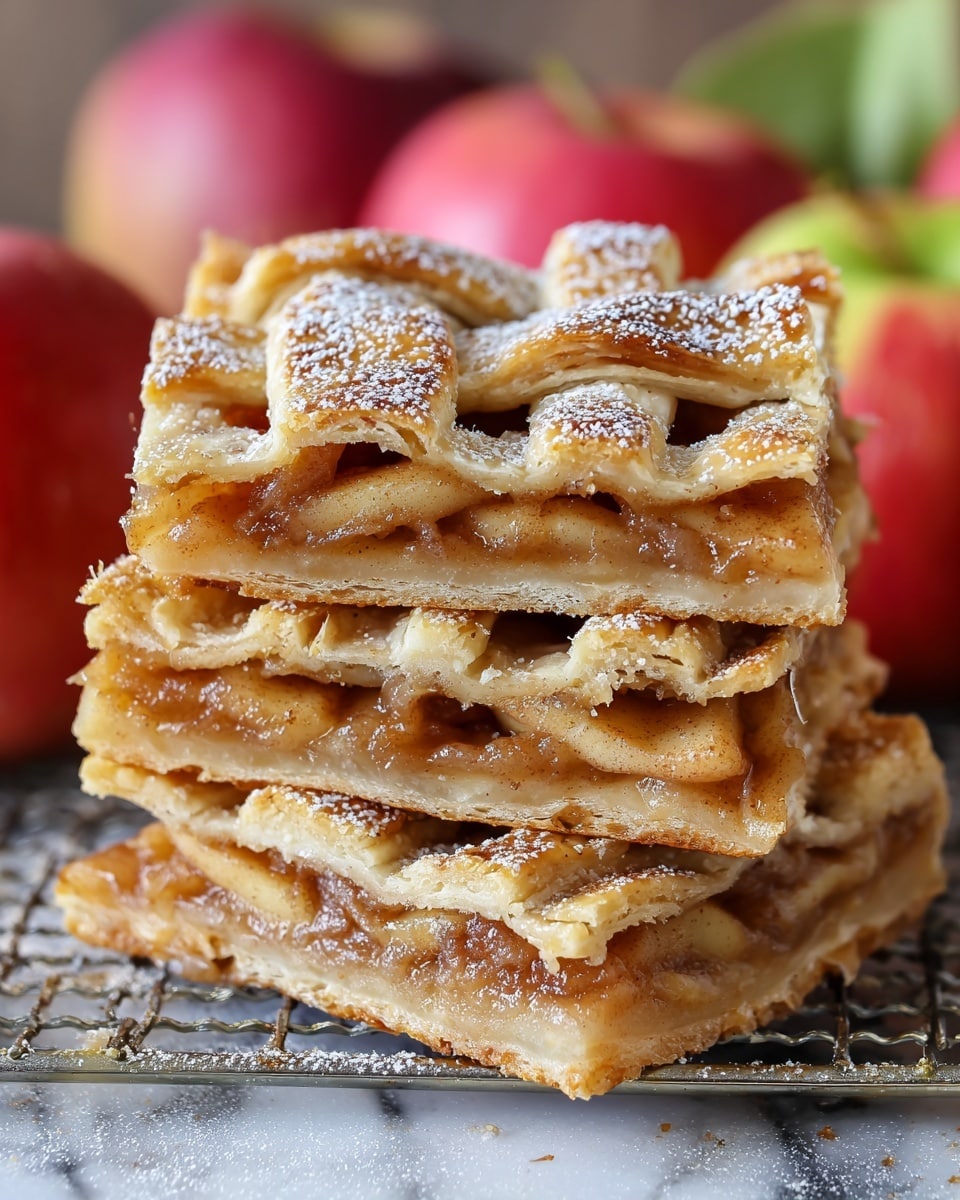 A stack of three square pieces of apple pie, each piece showing two layers of thick golden brown crust with a shiny, soft apple filling in between that is light brown with visible cinnamon specks; the top crust is a woven lattice sprinkled with white powdered sugar. The pie pieces rest on a metal cooling rack with a white marbled surface beneath, and blurred red and green apples are visible in the background. photo taken with an iphone --ar 4:5 --v 7