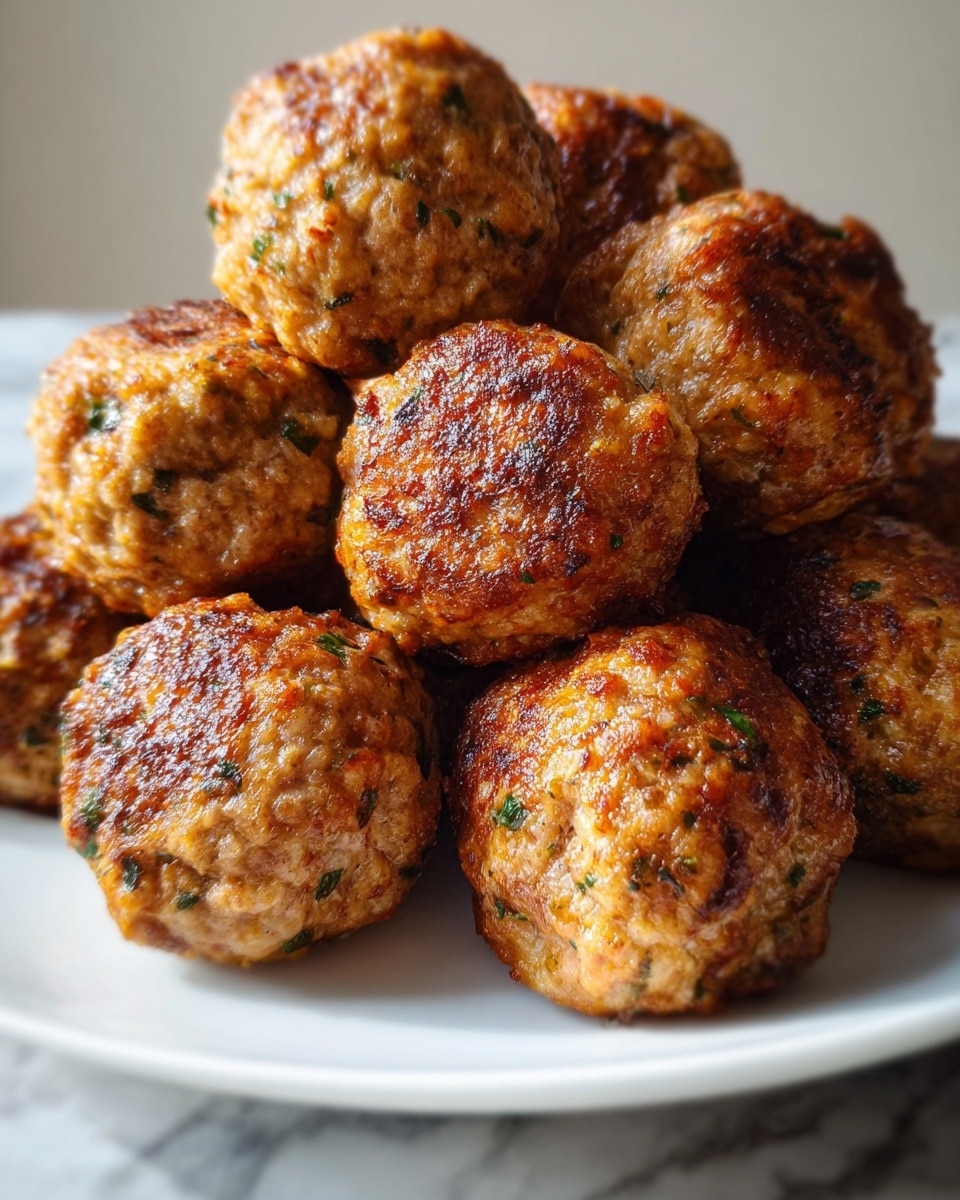 A close-up of a plate piled high with golden-brown meatballs that have a crispy, slightly rough surface with visible herbs and browned spots. The meatballs are stacked on a clean white plate, with some softly blending into the background while others are sharply focused in front. The meatballs have a warm texture with bits of green herbs finely mixed in, and the overall look is juicy and well-cooked. The scene is placed against a white marbled texture surface, adding a clean and bright background. photo taken with an iphone --ar 4:5 --v 7