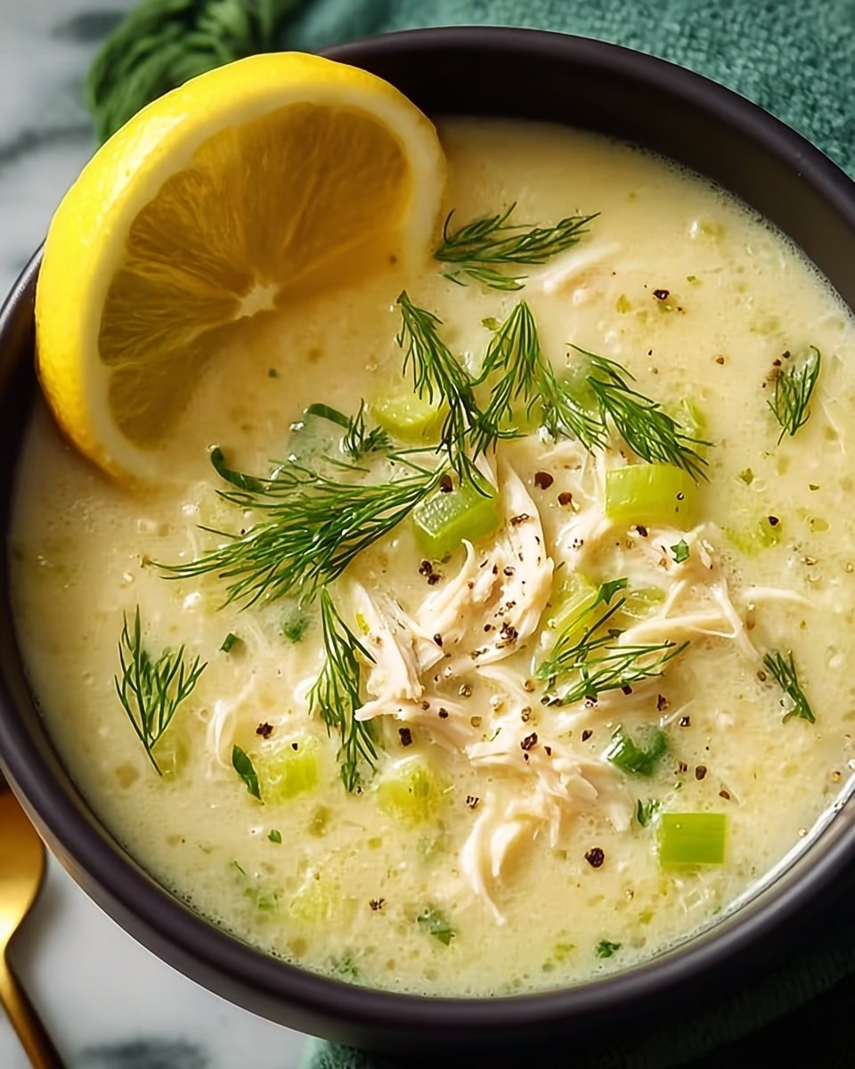 A dark bowl filled with creamy light yellow soup with visible shredded white chicken pieces and small green celery bits floating in it, topped with bright green dill sprigs and a wedge of fresh yellow lemon on the side, sprinkled with black pepper flakes. The bowl is placed on a white marbled surface with a hint of green cloth underneath. Photo taken with an iphone --ar 4:5 --v 7