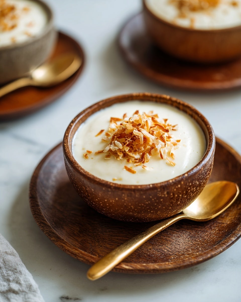 A close-up of a creamy white pudding served in a small, textured dark brown bowl on a matching round wooden tray. The pudding has a smooth, slightly shiny surface, topped with a small pile of lightly toasted shredded coconut flakes that are pale tan with hints of golden brown. Next to the bowl on the tray is an ornate golden spoon with a decorative handle. The background shows blurred similar bowls and spoons, all placed on a table with a dark, warm wood finish. photo taken with an iphone --ar 4:5 --v 7