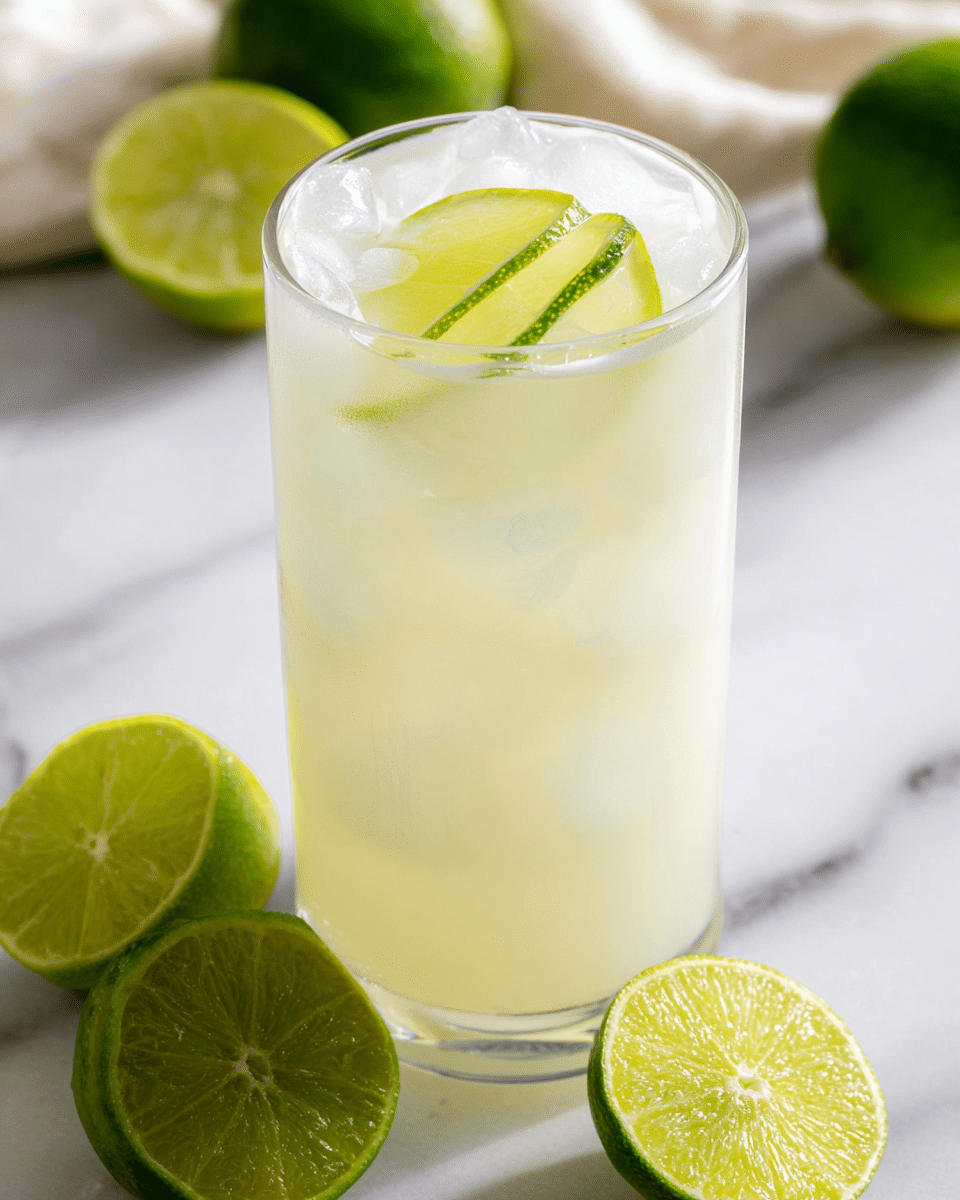 A tall clear glass holds a pale yellow creamy drink filled with medium-sized ice cubes, showing a smooth, slightly frothy texture. Two thin lime slices with bright green edges rest on top of the ice as a garnish. Around the base, halved and quartered fresh limes with vibrant green skin and moist pulp sit on a white marbled surface. The scene is softly lit, highlighting the refreshing nature of the drink. photo taken with an iphone --ar 4:5 --v 7