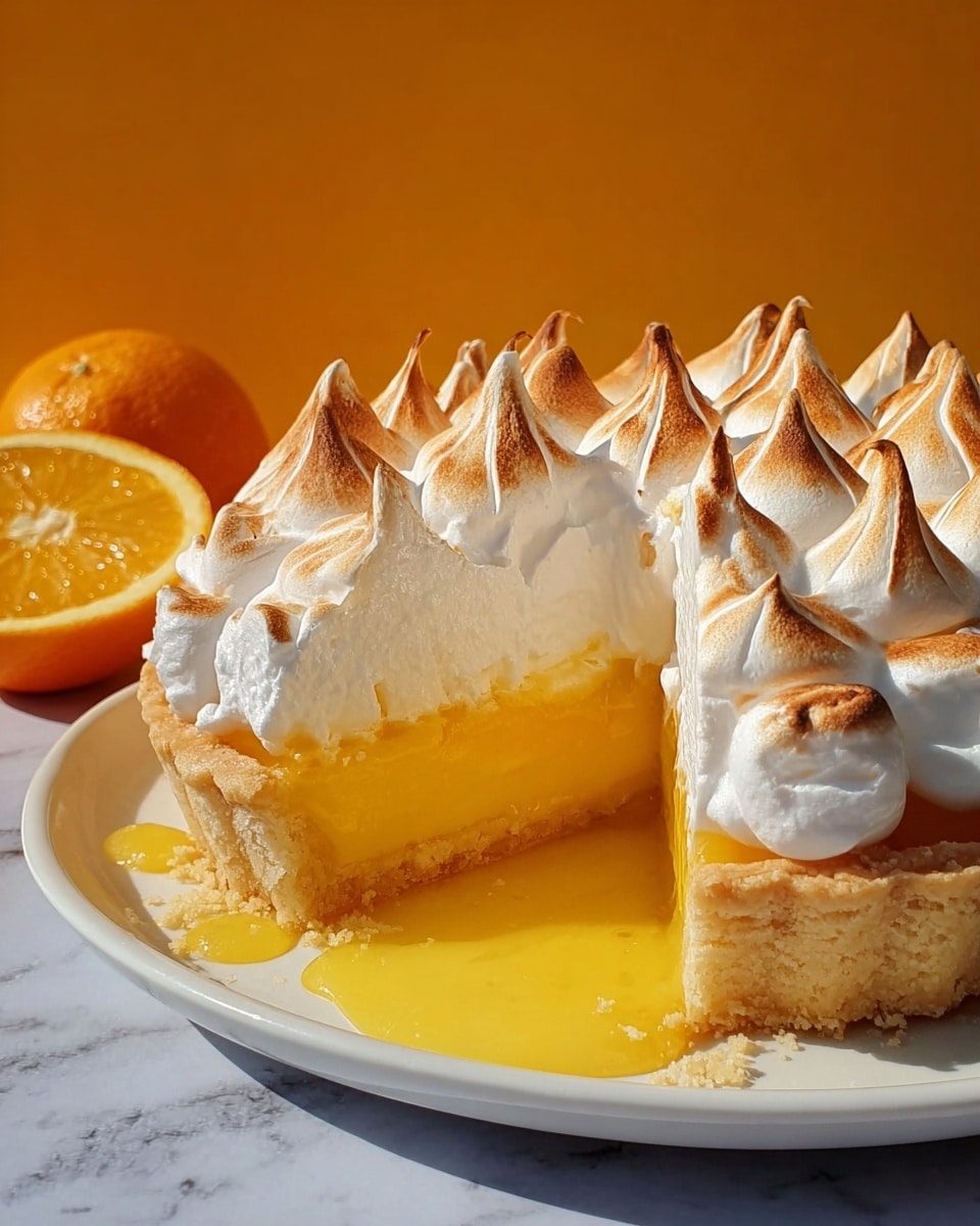 The image shows a lemon meringue tart with three main layers on a white plate, placed on a white marbled surface. The bottom layer is a light golden, crumbly tart crust, holding a thick, glossy, bright yellow lemon curd in the middle layer. The top layer is fluffy white meringue with golden-brown toasted tips, shaped into pointed swirls evenly spread over the tart. There is some lemon curd dripping onto the plate, and a halved orange sits beside the tart against a warm orange background. Photo taken with an iphone --ar 4:5 --v 7