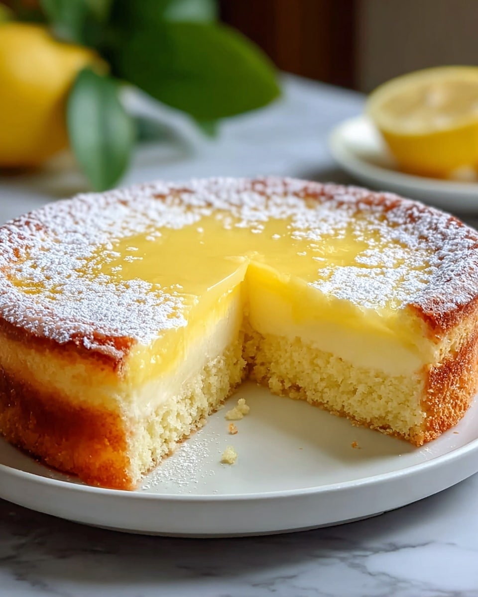 A round cake with two layers sits on a white plate placed on a white marbled surface. The bottom layer is a thick, light yellow sponge cake with a soft crumb texture, while the top layer is a smooth, glossy lemon custard that has a bright yellow color. The cake's edges are golden brown and slightly crisp. The surface of the custard layer is dusted lightly with white powdered sugar. A slice is cut out and slightly pulled away from the cake, showing the clear separation between the sponge and custard layers. In the background, there are blurred green leaves and a yellow lemon. photo taken with an iphone --ar 4:5 --v 7