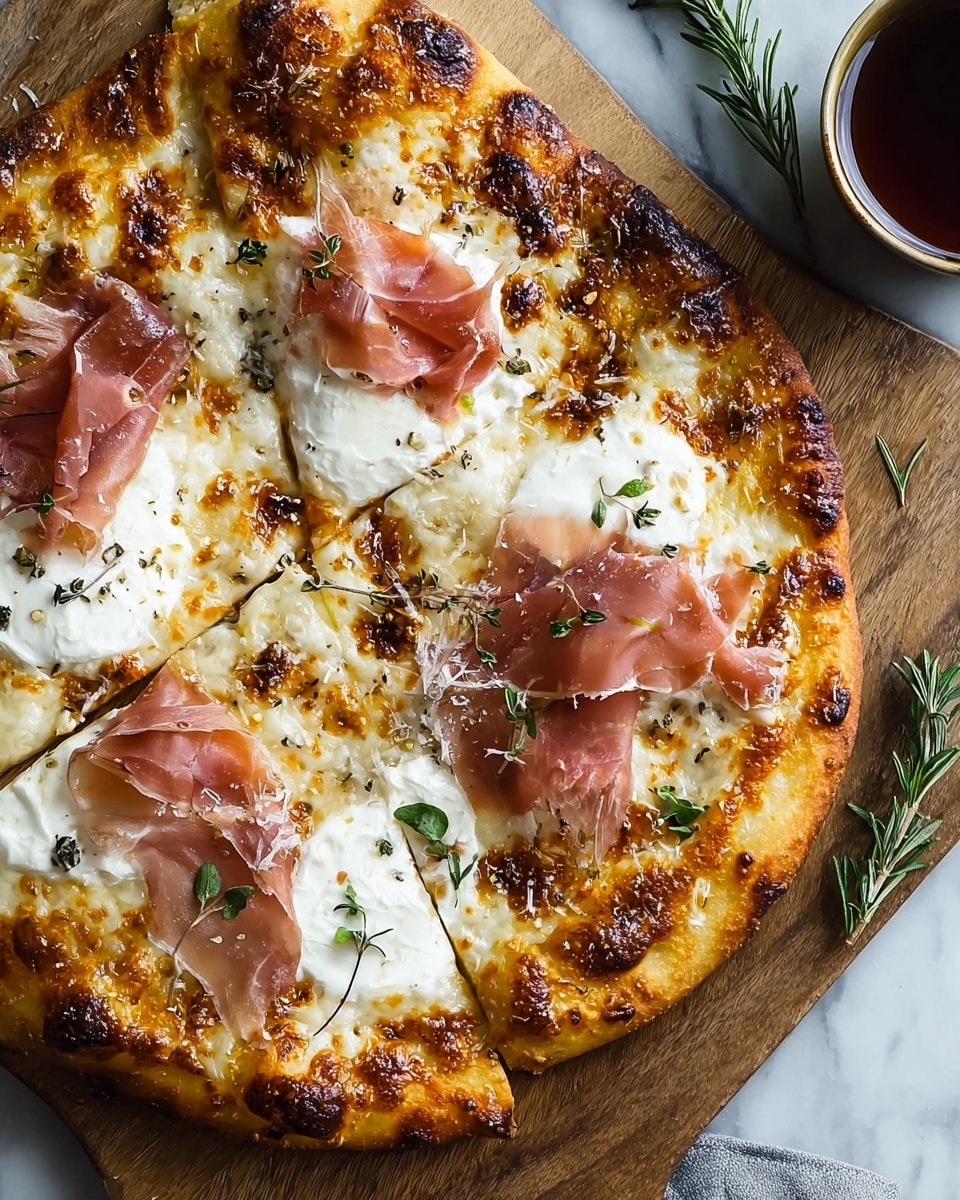 A close-up of a round pizza with a golden crust that is slightly charred and bubbly. The base layer is melted white cheese, spread unevenly with some spots showing light browning. On top, there are dollops of soft white cheese that look creamy and smooth. Thin slices of pink prosciutto are gently folded and placed over the cheese, giving a delicate, translucent look. Small green herb leaves are scattered on the pizza, adding a fresh touch. The pizza is on a wooden board against a white marbled surface, with a small cup of dark tea and sprigs of rosemary nearby. photo taken with an iphone --ar 4:5 --v 7
