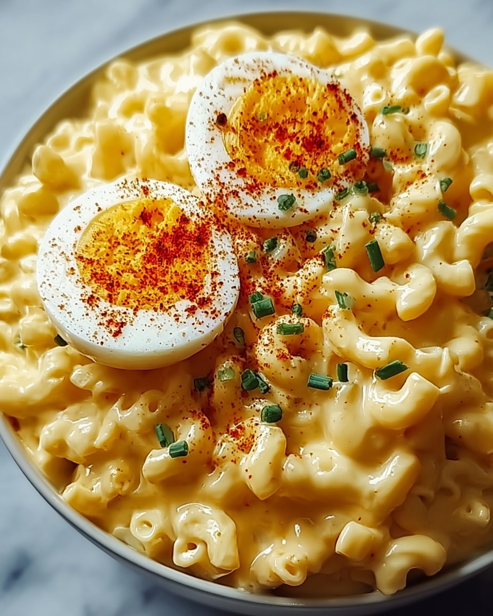 A close-up of a bowl of creamy macaroni and cheese in a white bowl, with a thick layer of yellow cheese sauce coating the pasta. On top, there are two halves of a boiled egg placed side by side, each showing a bright yellow yolk and white egg white, sprinkled with red paprika and small green chopped herbs. The creamy texture of the pasta contrasts with the smooth, solid boiled eggs, all set on a white marbled surface. photo taken with an iphone --ar 4:5 --v 7
