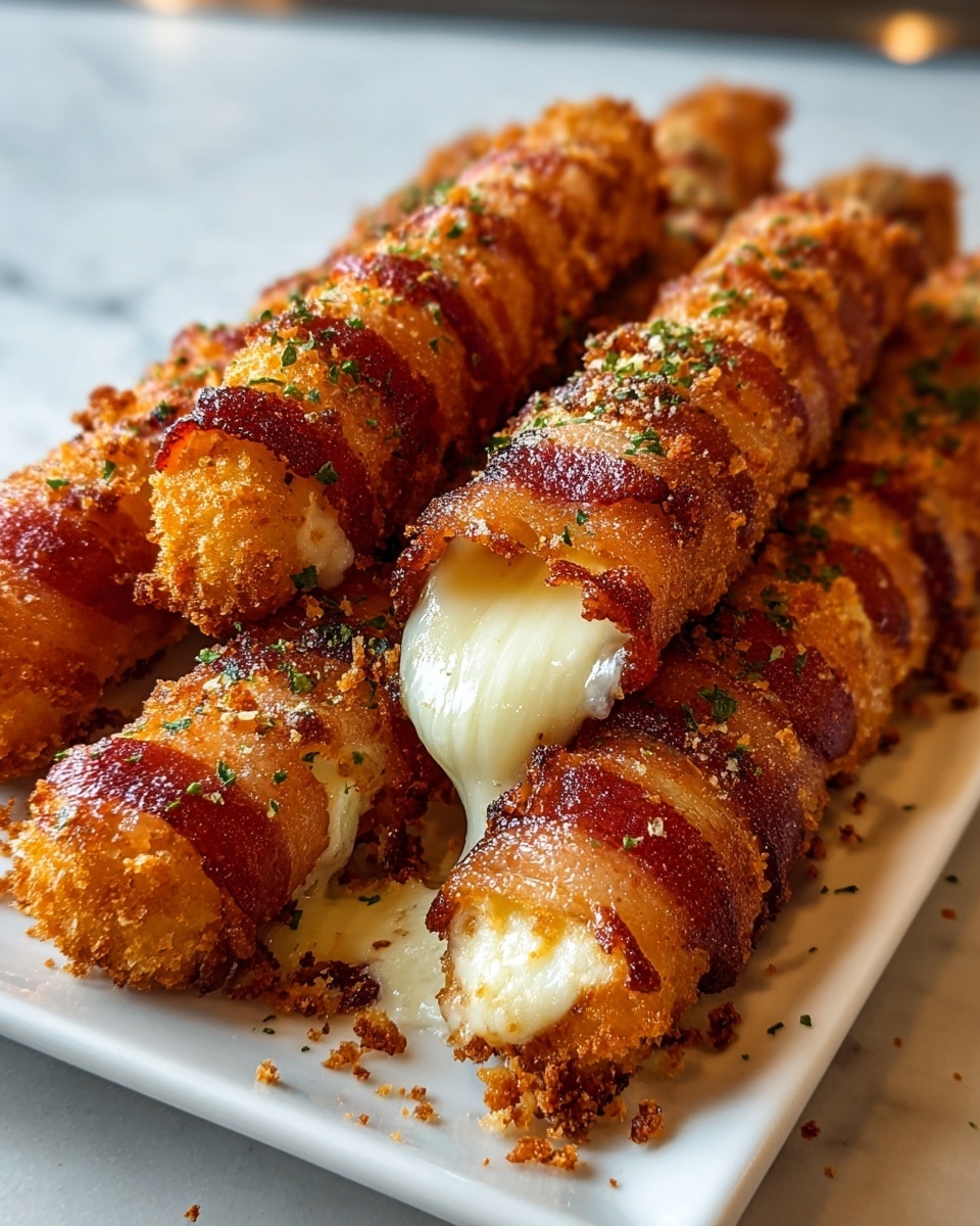 A white rectangular plate holds several golden-brown, breaded sticks wrapped in crispy, reddish-brown bacon strips. Each stick is coated with a crunchy texture and small green herb bits are sprinkled on top. The front stick shows creamy white cheese oozing from one end, emphasizing a melted and stretchy inside. The sticks lie close together on the white plate, which rests on a white marbled surface, with some crumbs scattered nearby. The background is softly blurred, keeping the focus on the crispy, cheesy bacon-wrapped sticks. photo taken with an iphone --ar 4:5 --v 7
