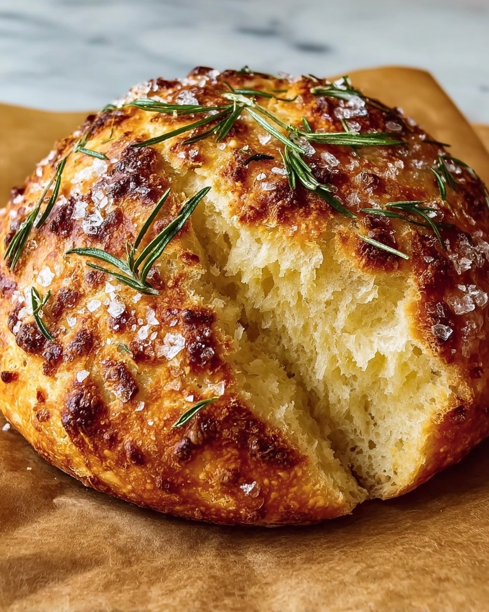 A round loaf of bread with two main layers: the crust on the outside and the soft inside in the middle. The crust is golden brown with some darker toasted spots, covered with large grains of coarse salt and fresh green rosemary sprigs scattered on top. The inside is a light yellow with a soft, airy, and slightly spongy texture, visible through a crack in the crust. The bread rests on a layer of brown parchment paper, all placed on a white marbled surface. Photo taken with an iphone --ar 4:5 --v 7