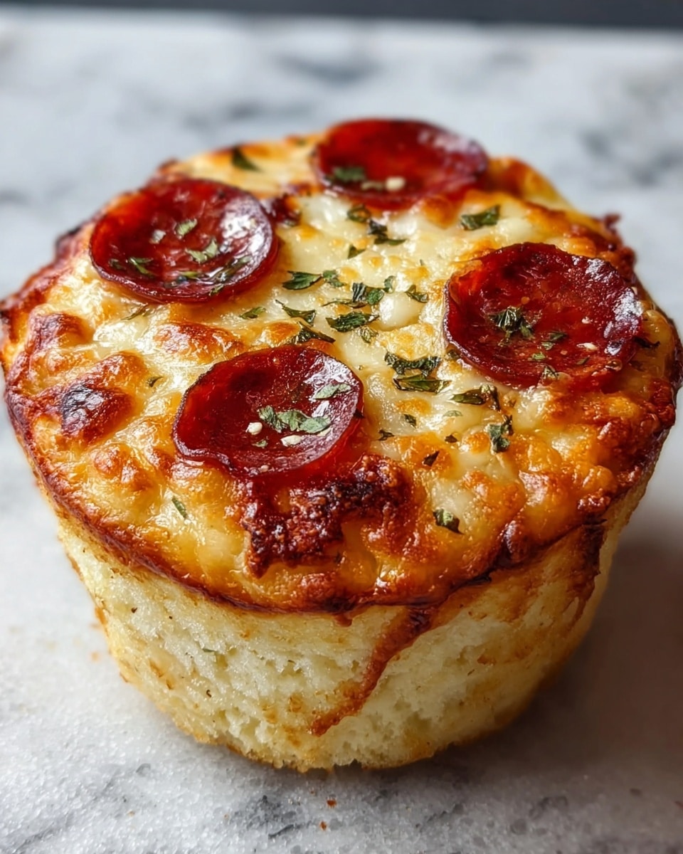 A small, thick round pizza muffin sits on a white marbled surface. The base layer is light-colored, fluffy bread with a slightly porous texture, rising up the sides. On top, a rich golden-brown, bubbly melted cheese layer covers the surface, extending slightly over the edges. Five evenly spaced, dark red pepperoni slices sit on the cheese, each with a slightly oily shine. Small green herb flakes are scattered over the top, adding a fresh contrast. The cheese shows some browned spots, giving it a crispy look in parts. photo taken with an iphone --ar 4:5 --v 7