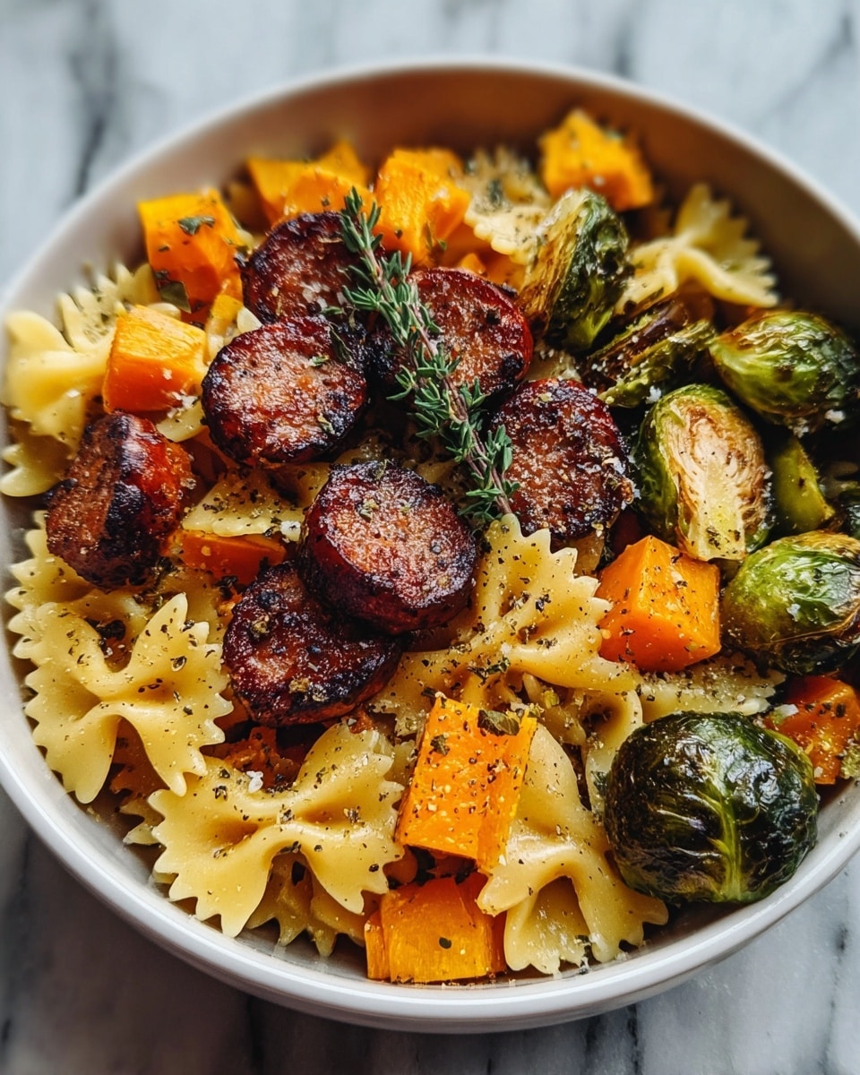 The image shows a bowl filled with a colorful dish made of several layers. The bottom layer is yellow bowtie pasta, soft and slightly shiny. On top of the pasta, there are bright orange chunks of roasted squash and green roasted Brussels sprouts with slightly charred edges. Scattered among these are thick slices of browned sausage with a crispy outer layer and a reddish-brown color. The dish is sprinkled with small green herb leaves and fresh thyme sprigs, adding a touch of green contrast. The bowl is white, placed on a white marbled surface, creating a clean and fresh look. photo taken with an iphone --ar 4:5 --v 7