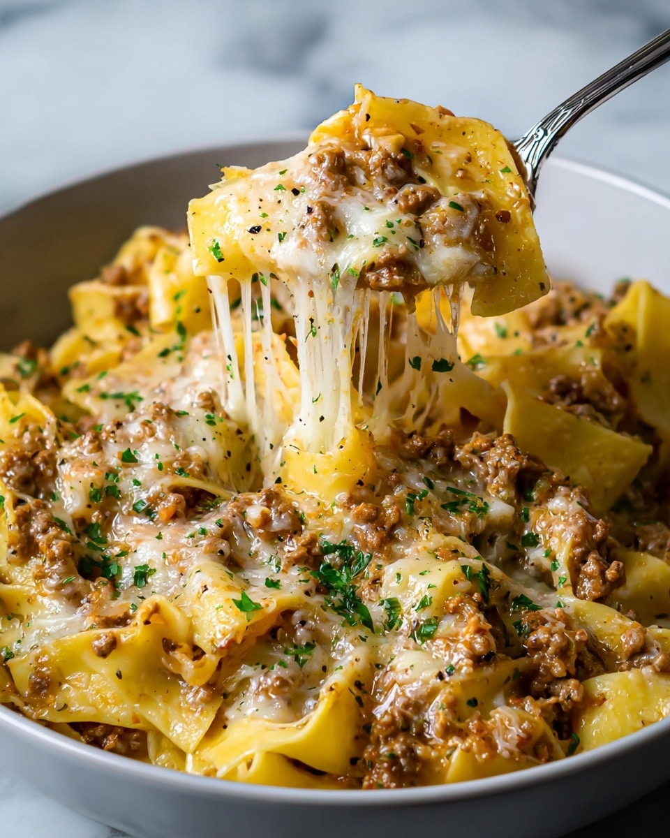 A close-up view of a white bowl filled with wide yellow pasta ribbons layered with creamy melted cheese that stretches upwards from the bowl, and a chunky light brown meat sauce mixed throughout. The dish is topped with finely chopped green herbs and small black pepper specks. A spoon lifts a portion of the pasta with cheese and meat sauce, capturing the gooey texture and details of each ingredient. The white bowl rests on a white marbled surface. Photo taken with an iphone --ar 4:5 --v 7