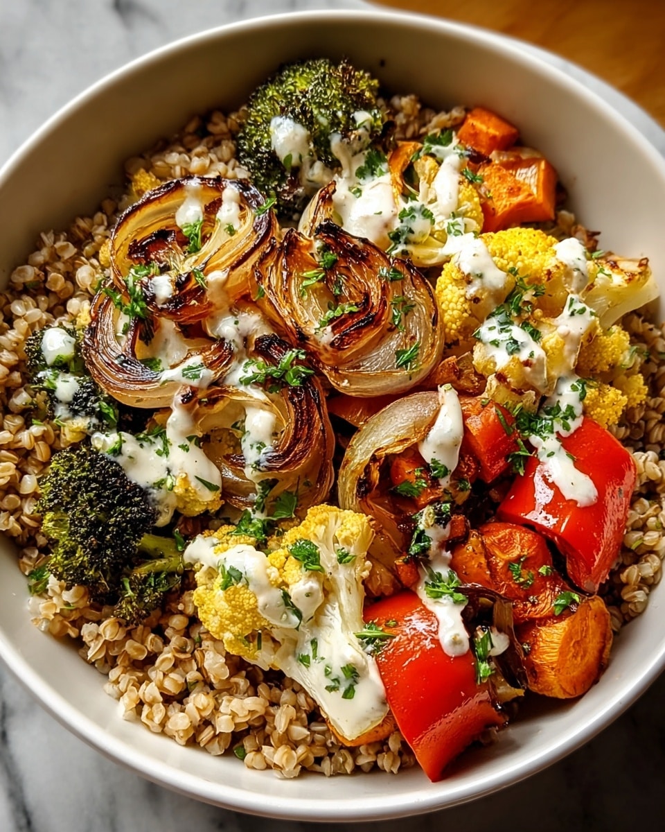 The image shows a bowl with three main layers: the bottom layer is cooked brown grains with a light, soft texture filling the base, the middle layer has roasted vegetables including green broccoli florets, yellow cauliflower, orange carrots, and red bell peppers with a slightly charred surface, and the top layer features golden-brown grilled onions curled on top and small drizzles of a creamy white sauce scattered over the vegetables, garnished with finely chopped green herbs. The bowl is white and placed on a white marbled surface. photo taken with an iphone --ar 4:5 --v 7