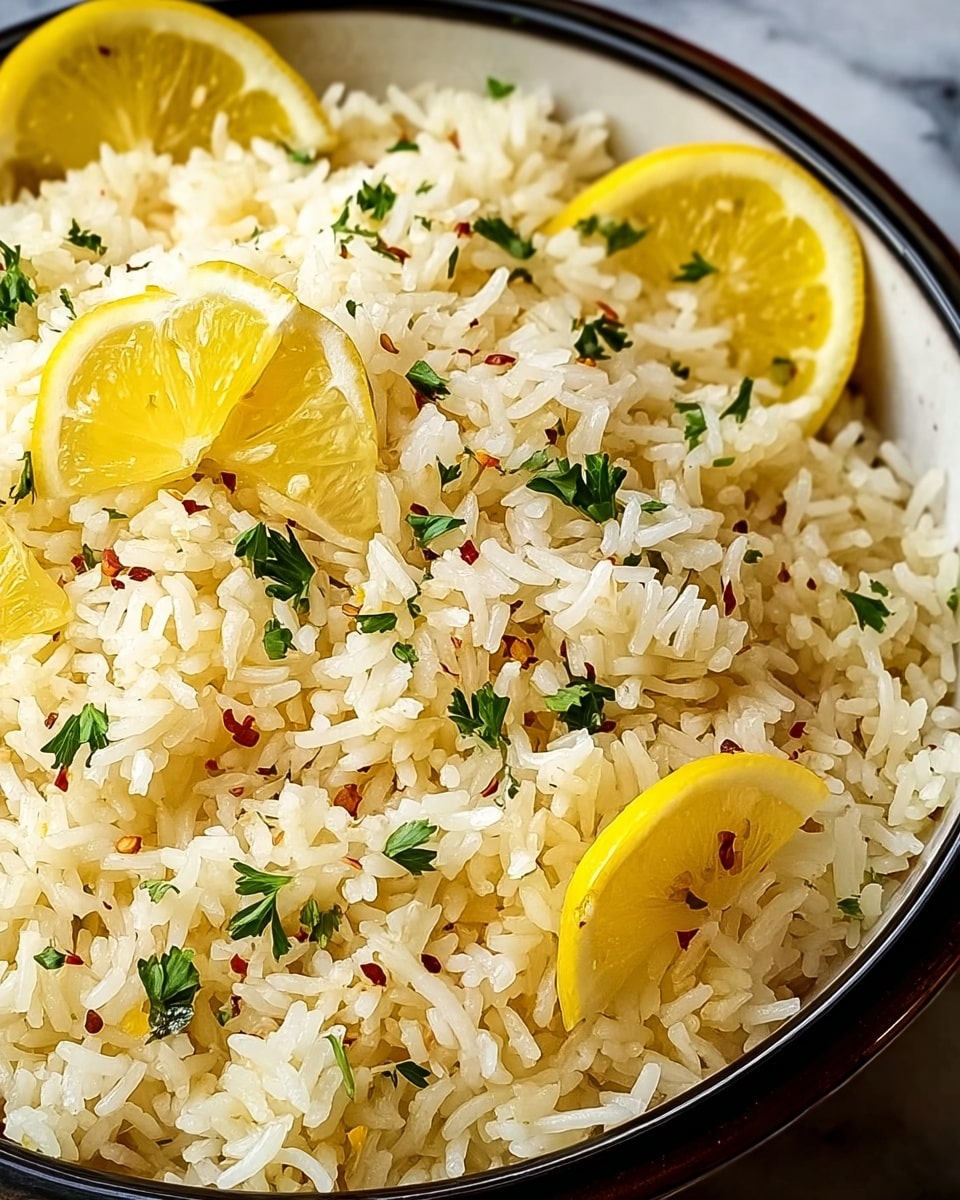 A close-up view of white rice cooked to a fluffy texture with a slight yellow tint, layered evenly in a white bowl with a black rim. Mixed throughout the rice are small green parsley leaves and tiny red chili flakes, adding specks of color. Thin slices of bright yellow lemon wedges are placed on top, scattered evenly across the rice. The rice grains look separate and glossy, with some pieces showing a slight shine from oil or butter. The bowl is set on a white marbled surface. photo taken with an iphone --ar 4:5 --v 7