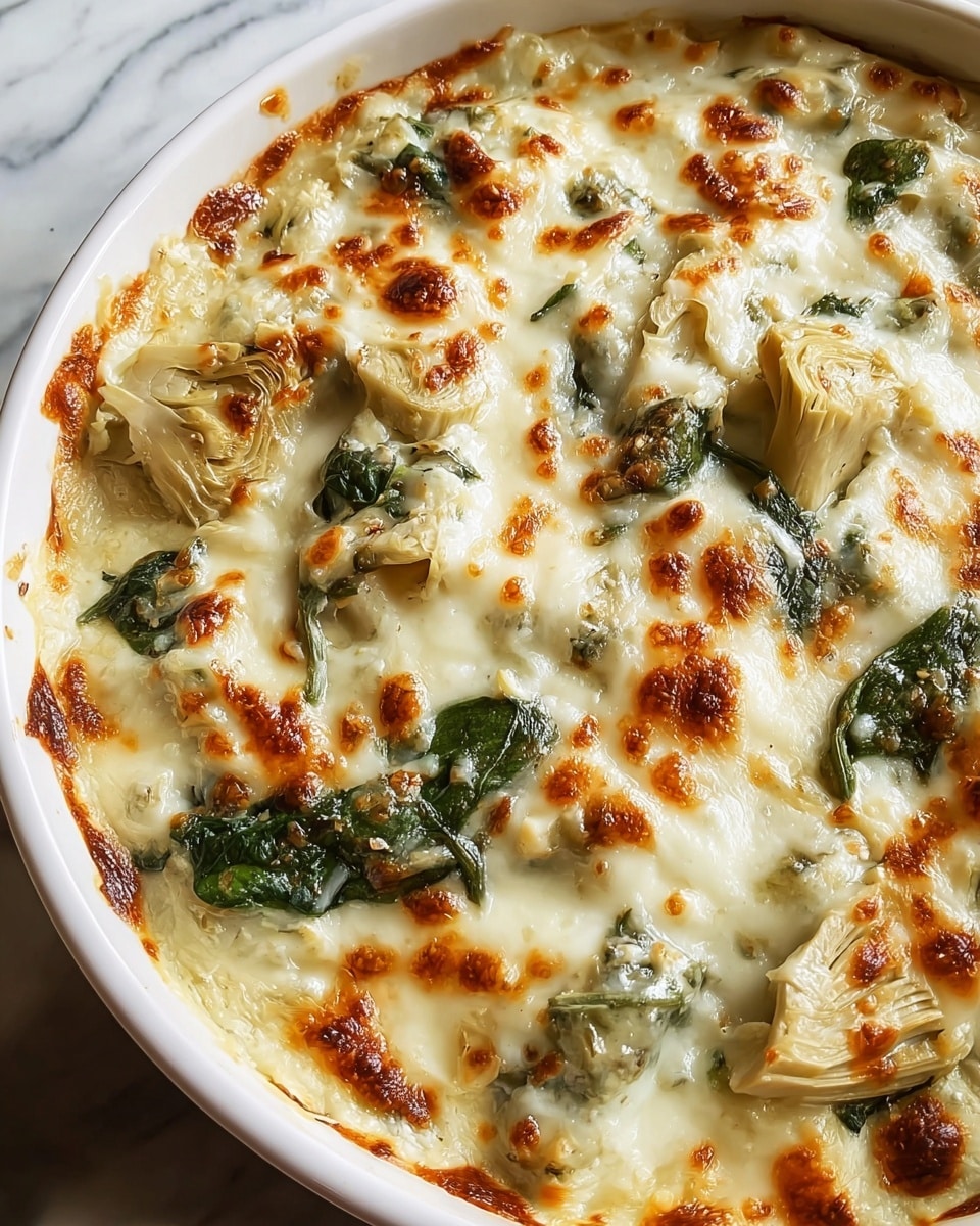 A close-up image of a baked dish in a white round dish, showing a single thick layer of melted cheese with golden brown spots on top, mixed with chunks of pale artichoke hearts and dark green spinach leaves. The cheese layer is creamy and slightly bubbly with visible herbs spread throughout, giving a textured and soft appearance. The edges of the dish show slight browning, indicating it was cooked until just golden. The background is a white marbled surface. photo taken with an iphone --ar 4:5 --v 7