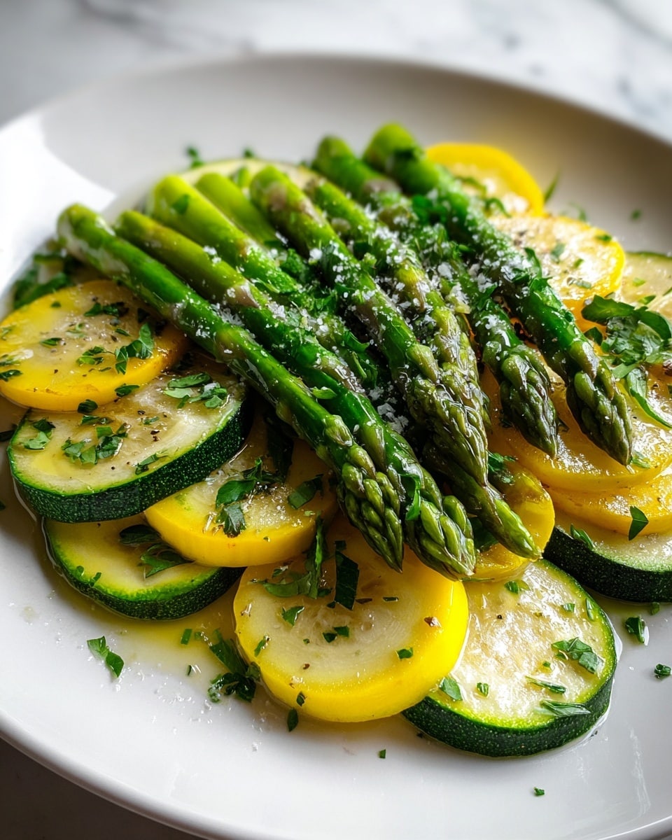 The dish shows a close-up of several bright green asparagus spears laid on top of a bed of thick round slices of yellow squash and green zucchini. The squash and zucchini slices alternate and cover the plate, creating a colorful layered base. The asparagus rests neatly in the center, with a shiny texture suggesting light seasoning or oil. Scattered over all the vegetables are small bits of fresh green herbs and coarse salt crystals, adding a fresh and slightly textured look. The plate is white, placed on a white marbled surface. photo taken with an iphone --ar 4:5 --v 7
