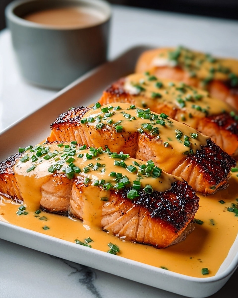 Four thick salmon fillets with crispy, dark-brown edges are placed side by side on a white rectangular tray. Each fillet is coated with a smooth, creamy orange sauce that gently drips down the sides, pooling slightly at the bottom. Bright green chopped chives are sprinkled evenly over the sauce, adding a fresh color contrast. The background features a white marbled texture, and a blurred cup filled with light brown liquid is seen in the distance. Photo taken with an iphone --ar 4:5 --v 7