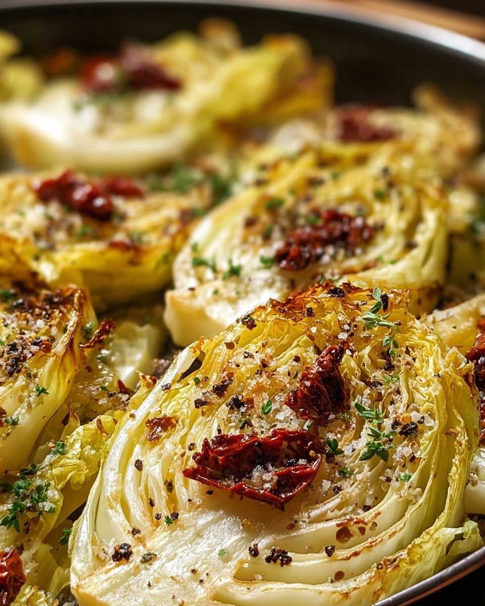 This image shows a close-up of roasted cabbage wedges, arranged closely together in a pan with dark-colored edges. Each wedge has multiple layers of pale yellow-green leaves, some crisped and browned at the edges from roasting. The cabbage is topped with small pieces of deep red sun-dried tomatoes, scattered black pepper, coarse salt, and small green herb bits, creating a textured look on the surface. The background is softly blurred, emphasizing the detailed, slightly charred textures and colors of the roasted cabbage. photo taken with an iphone --ar 4:5 --v 7