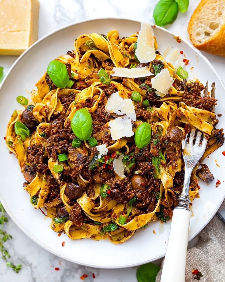 The image shows a white plate filled with a generous serving of thick fettuccine pasta mixed with a rich, dark brown meat sauce that includes mushrooms. The pasta is layered with small pieces of cooked meat and mushrooms throughout, with fresh bright green basil leaves scattered on top. There are white, thin shavings of cheese sprinkled over one side of the pasta, adding a slightly crumbly texture. Small pieces of chopped green onions and red pepper flakes are also visible, adding color contrast. A white-handled fork is placed on the right side of the plate, partially stuck into the pasta. The plate is set on a white marbled textured background with a piece of bread visible at the top right corner. photo taken with an iphone --ar 4:5 --v 7