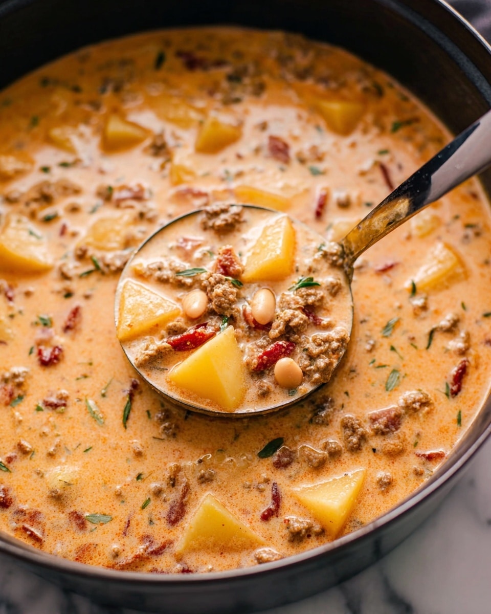 A close-up view of a thick creamy soup in a black pot, filled with chunks of yellow potatoes, ground meat pieces, white beans, and small bits of red sun-dried tomatoes, all mixed into a light orange creamy broth with green herb specks scattered throughout. A metal ladle with a black handle lifts a spoonful of the soup, showing the textured mixture of ingredients closely, with soft lighting highlighting the creamy surface and colorful components. The pot sits on a white marbled surface. photo taken with an iphone --ar 4:5 --v 7