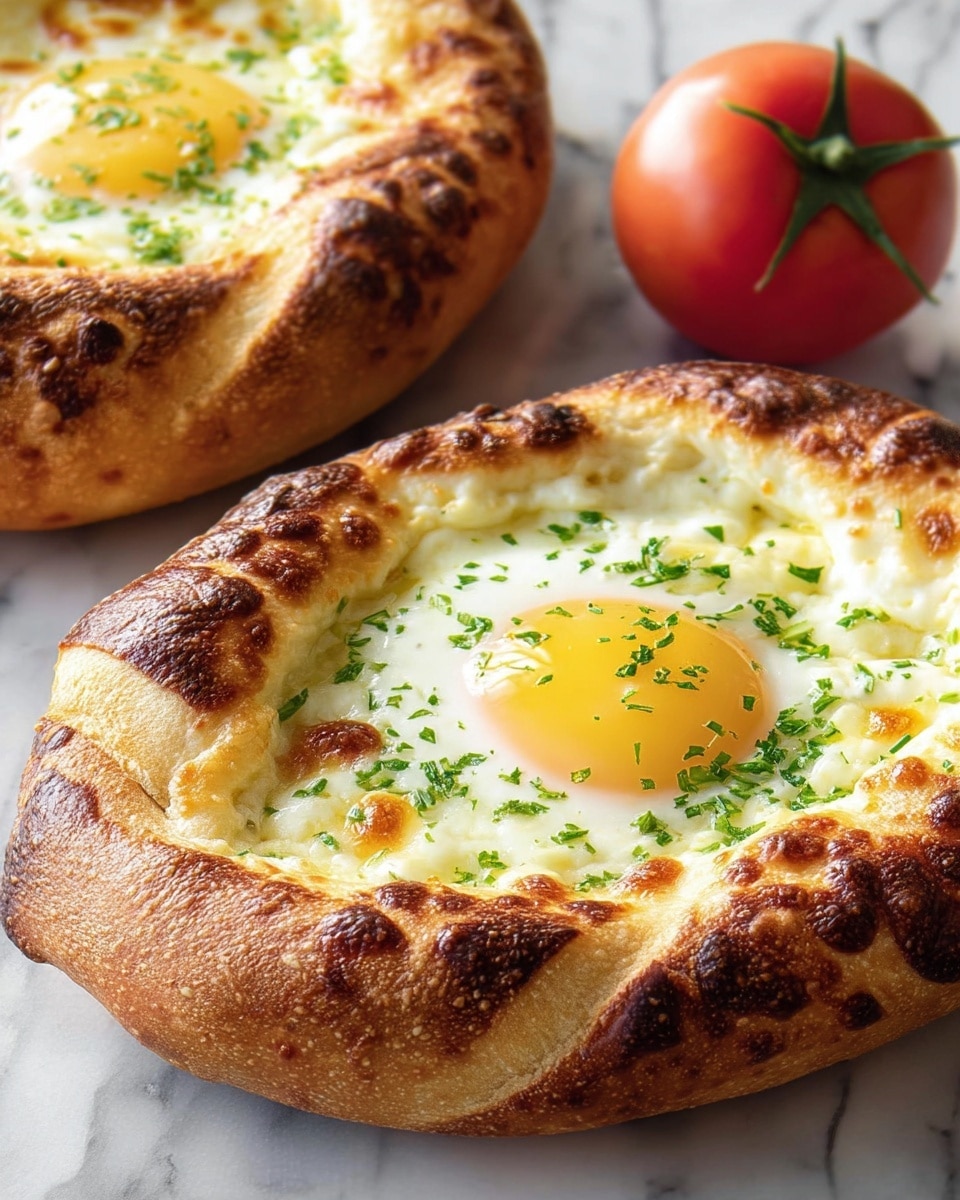 Two Georgian-style bread bowls sit on a white marbled surface, each with three main layers. The base layer is a thick, golden-brown bread crust that is puffy and has small dark spots from baking. Inside the crust, the second layer is a white creamy cheese melted unevenly, with some parts browned and bubbly. On top of the cheese, the third layer is a sunny-side-up egg with a bright yellow yolk in the center, surrounded by eggs white. The bread bowls are sprinkled lightly with finely chopped green herbs. One ripe red tomato with a green stem rests nearby on the white marbled surface. Photo taken with an iphone --ar 4:5 --v 7