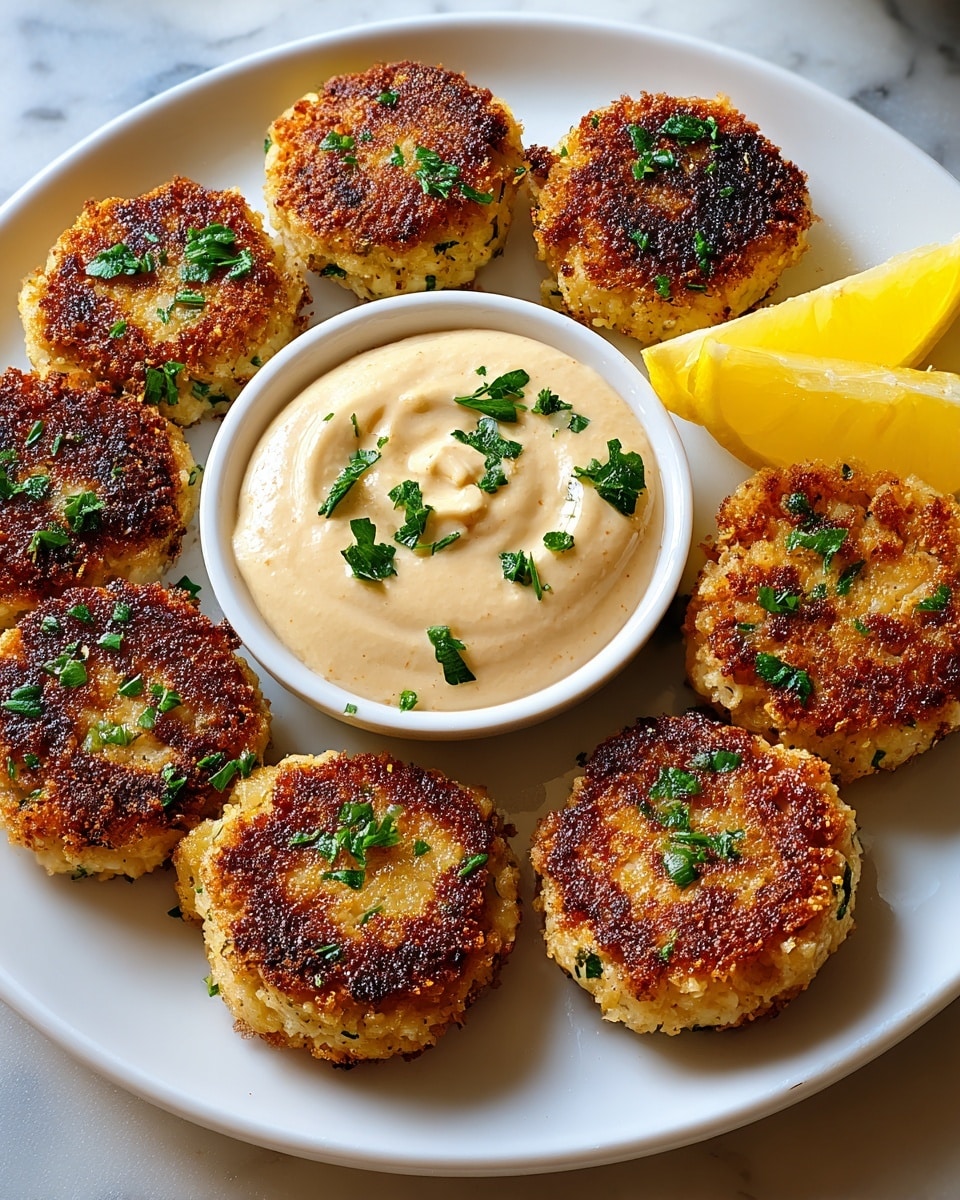 A white plate holds nine small golden-brown patties arranged in a circle around a creamy pale beige dip in the center, sprinkled with chopped green herbs. Each patty is slightly thick with a crispy, textured surface that shows browned bits and flecks of herbs, creating a rustic look. To the right of the circle, a bright yellow lemon wedge rests on the plate, adding a fresh contrast. The plate sits on a white marbled surface, enhancing the colors and details of the dish. photo taken with an iphone --ar 4:5 --v 7