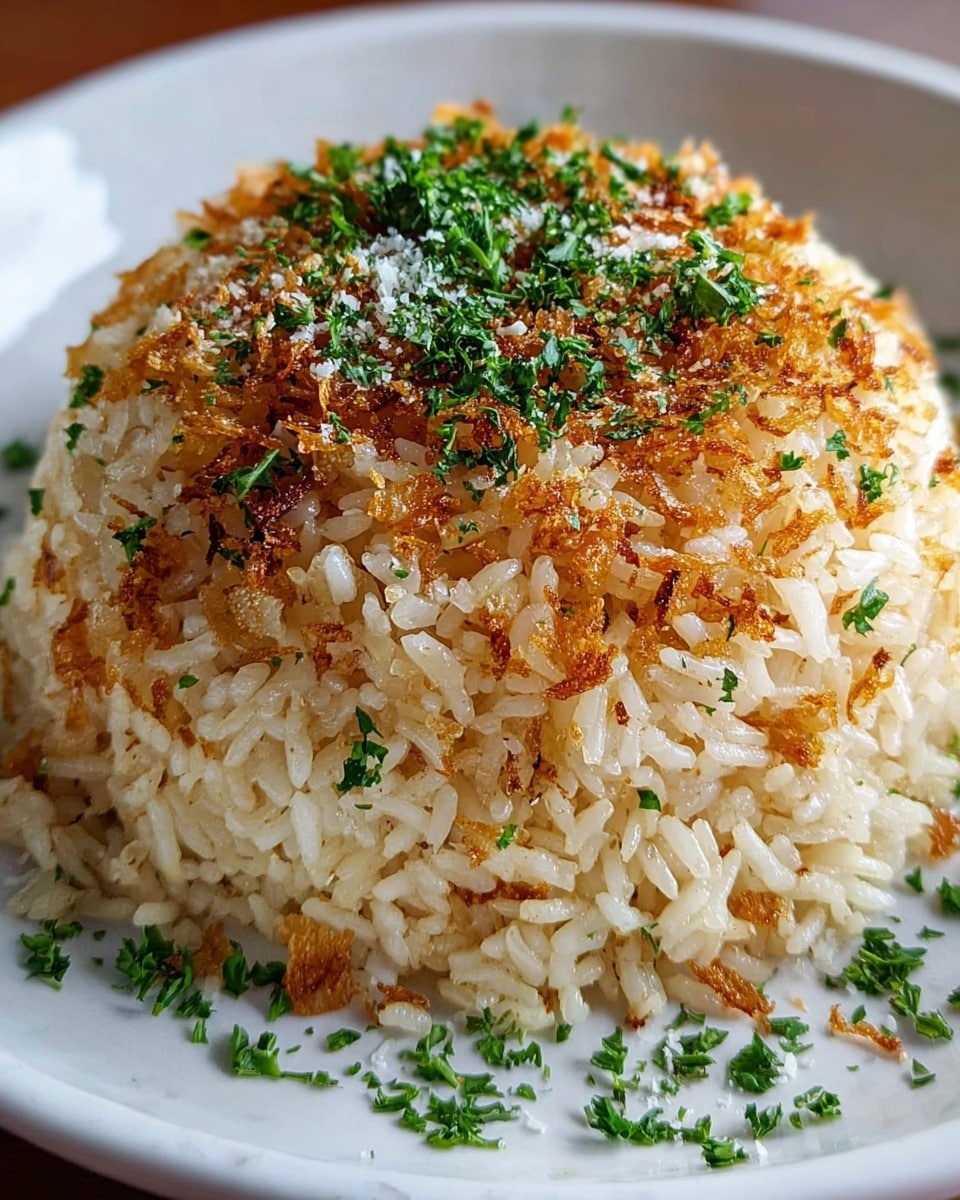 A close-up view of a mound of cooked rice shaped like a dome on a white bowl, with golden brown crispy bits mixed throughout the rice surface, topped with finely chopped fresh green herbs and a light sprinkle of white grated cheese or powder, some scattered herbs also decorate the edge of the bowl; the texture of the rice looks soft, slightly oily, and fluffy, with a contrast between the crispiness on top and tender grains underneath, all placed on a white marbled surface photo taken with an iphone --ar 4:5 --v 7