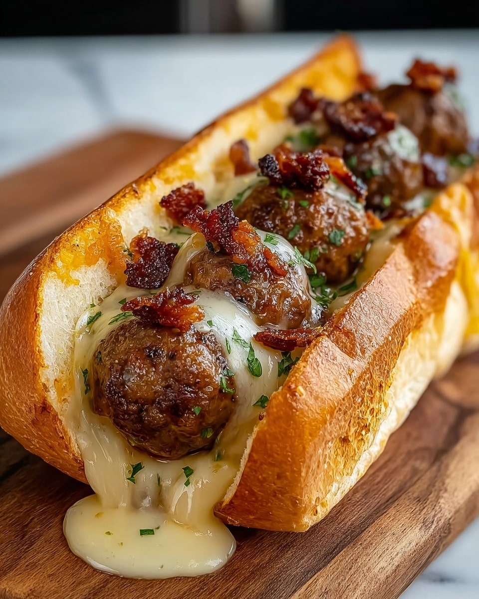 The image shows a close-up of a sandwich on a toasted golden-brown bun with a soft inside. Inside the bun, there are five juicy, brown meatballs evenly spaced along the length of the sandwich. Over the meatballs, there is melted white and yellow cheese dripping down the sides, creating a rich, creamy texture. On top of the cheese, small crispy, dark reddish-brown bacon bits are scattered, adding crunch and color. Finely chopped green herbs are sprinkled over everything, adding a fresh touch. The sandwich is placed on a wooden board with a white marbled background. photo taken with an iphone --ar 4:5 --v 7