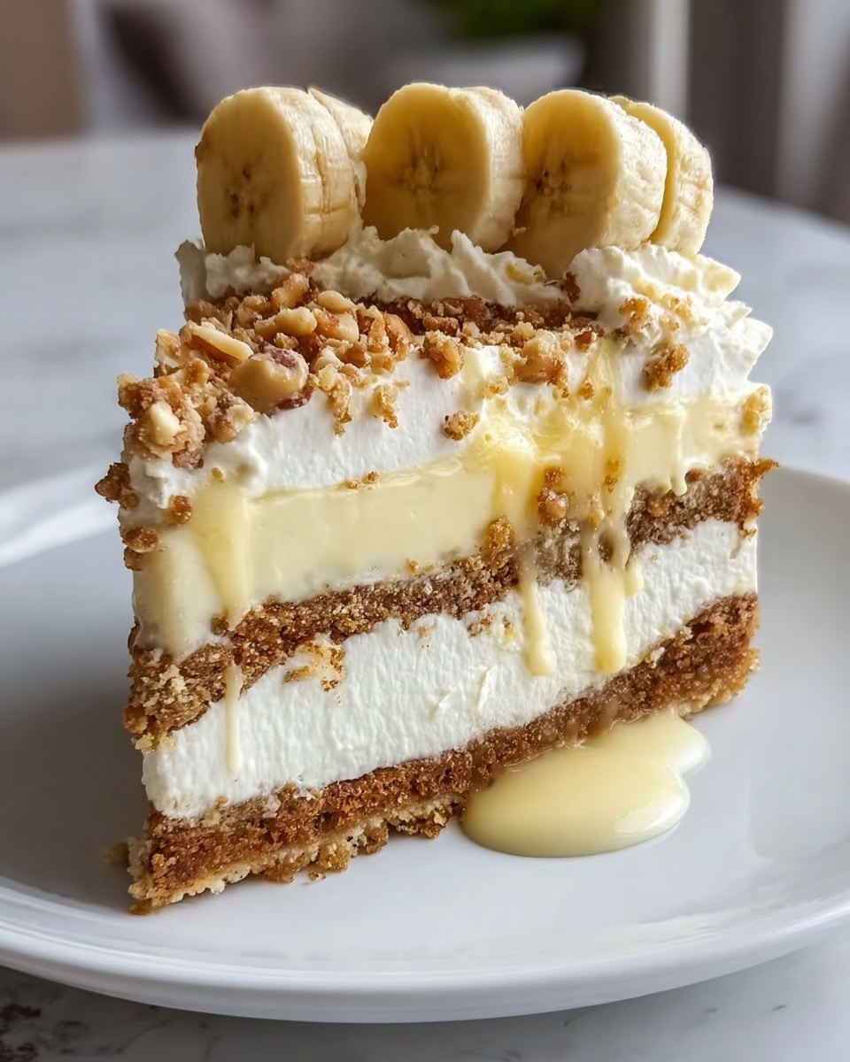 A slice of layered banana dessert sits on a white plate placed on a white marbled surface. This dessert has three clear layers of crumbly, golden-brown cake mixed with white creamy filling in between. The bottom layer is a crumb crust, topped with thick white cream and banana slices embedded within the creamy layer. On top, the dessert is finished with a thick layer of smooth white cream, decorated with half slices of fresh yellow bananas and small clusters of crumbly brown crumbs, adding a crunchy texture. Photo taken with an iphone --ar 4:5 --v 7