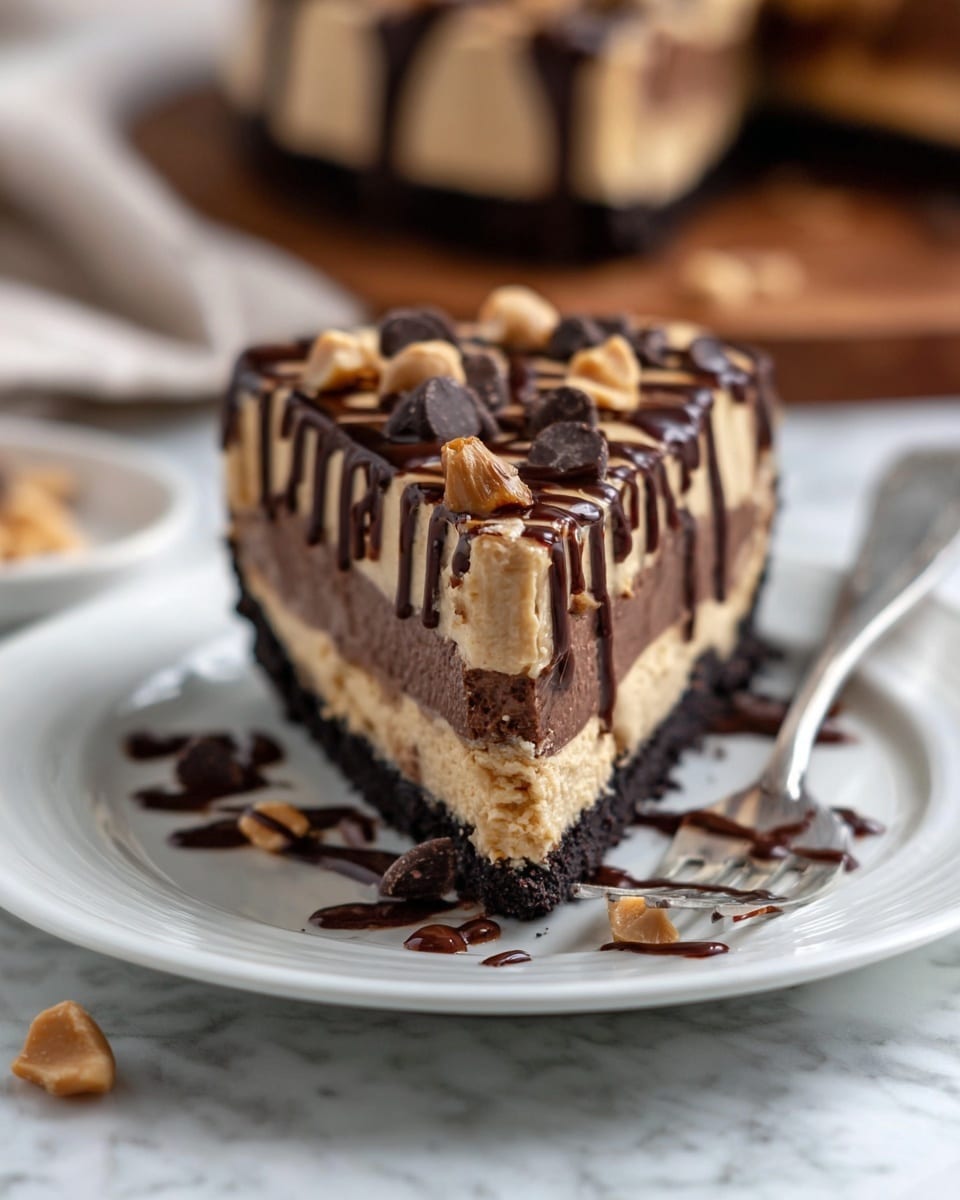 A slice of layered peanut butter cheesecake sits on a white plate with a silver fork beside it. The cheesecake has four layers: a dark chocolate crumb crust at the bottom, alternating thick beige peanut butter cream and thin dark chocolate cake layers, and it’s topped with a smooth peanut butter cream layer drizzled generously with glossy dark chocolate sauce that runs down the sides. Scattered on top and around the plate are small chunks of peanut butter and dark chocolate chips. The scene rests on a white marbled surface with a blurred pie in the background. photo taken with an iphone --ar 4:5 --v 7
