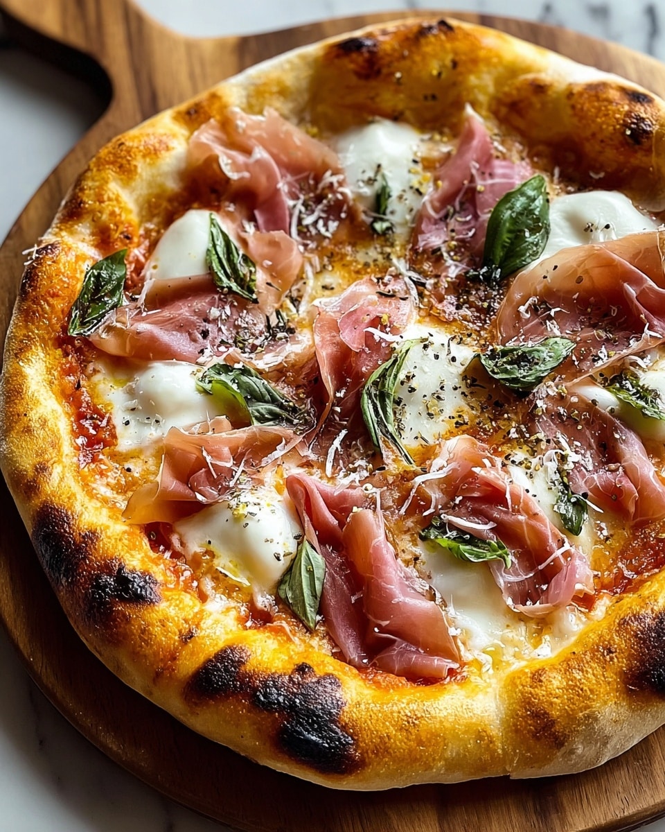 A pizza with a thick, puffy golden-brown crust that has dark charred spots around the edges. The first layer is a thin spread of red tomato sauce peeking through. On top, there are several white dollops of melted soft cheese scattered evenly. Thin slices of pink prosciutto are layered loosely over the cheese. Green basil leaves add pops of color across the pizza. The surface is sprinkled with black herbs and a light dusting of pale grated cheese. The pizza sits on a round wooden board with a white marbled texture underneath. photo taken with an iphone --ar 4:5 --v 7
