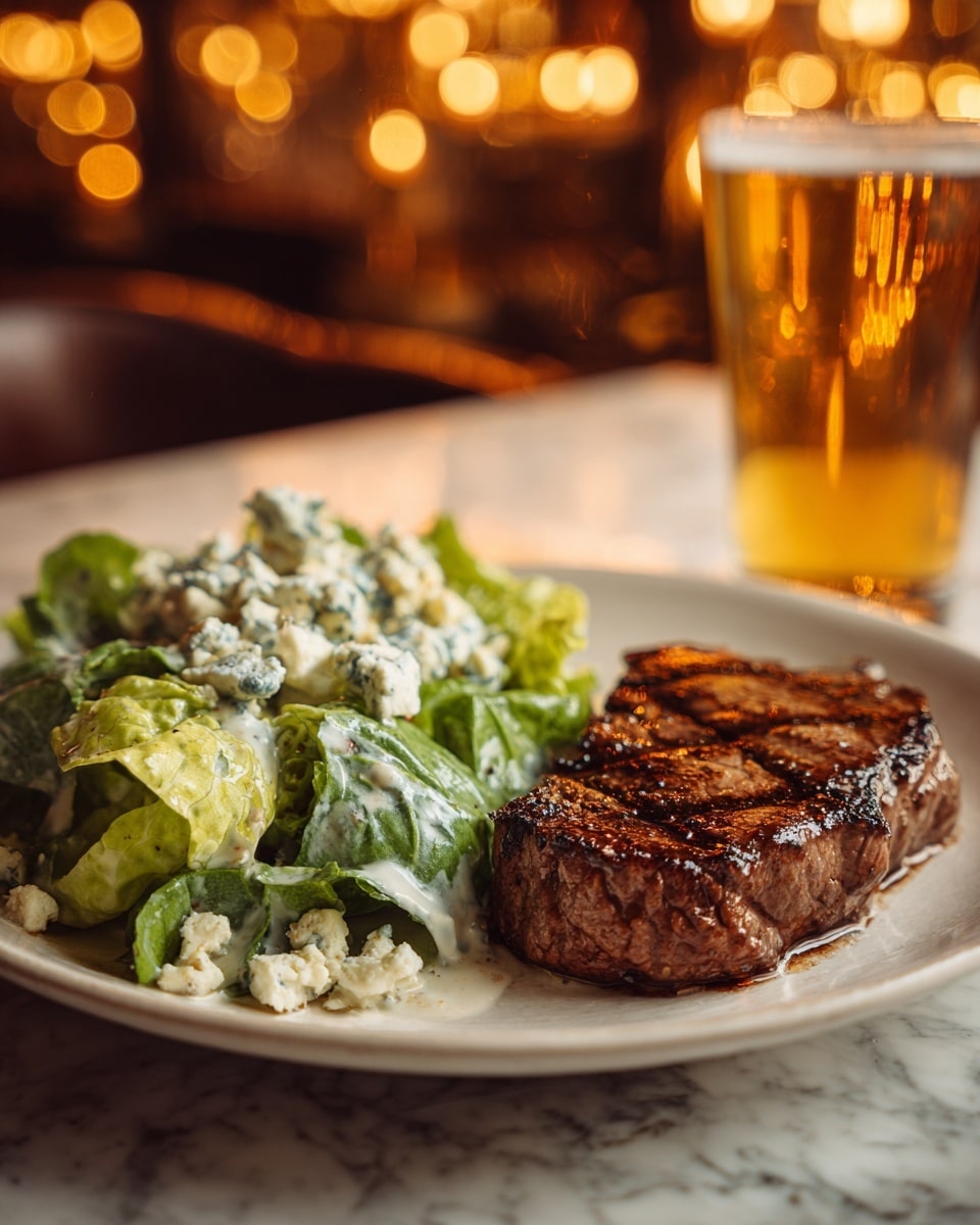 A black plate holds two main items side by side: on the left, a fresh green lettuce salad with large leafy layers topped with a creamy white dressing speckled with herbs and chunks of blue cheese, and on the right, a thick, juicy grilled steak with dark brown char grill marks in a crisscross pattern, showing a slight shine from its glaze. The plate rests on a white marbled surface, with a glass of light golden drink slightly blurred in the warm orange light background. Photo taken with an iphone --ar 4:5 --v 7