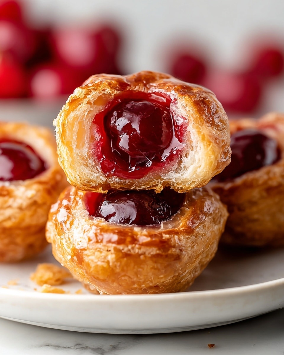 A white bowl holds several small round pastries with a golden brown, lightly cracked crust covered in a thin layer of shiny white glaze. One pastry is open on top, showing a bright red, glossy cherry filling with a whole cherry inside, revealing a soft and juicy texture. The pastries have a slightly rough surface with some glaze dripping down their sides. In the background, several bright red cherries add a pop of color on the white marbled surface. Photo taken with an iphone --ar 4:5 --v 7