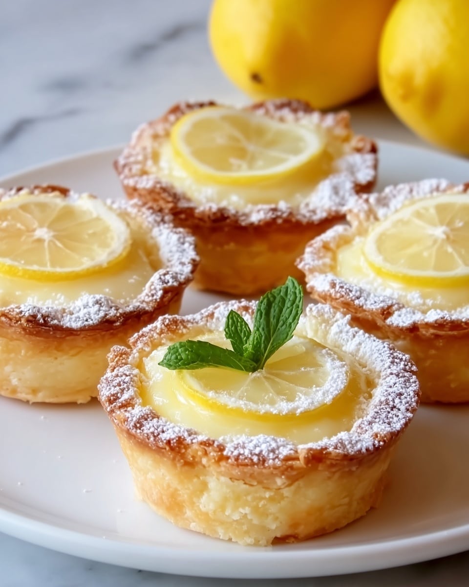 The image shows four lemon tarts arranged on a white plate placed on a white marbled surface. Each tart has a golden-brown flaky crust as the first layer, topped with a smooth, creamy pale yellow lemon filling as the second layer. On top of each tart is a thin slice of lemon, slightly translucent with visible segments, and a light dusting of powdered sugar giving a soft white texture. Two of the tarts are garnished with a fresh green mint leaf placed at the center. The background includes two whole yellow lemons, slightly out of focus, adding a pop of bright color. photo taken with an iphone --ar 4:5 --v 7