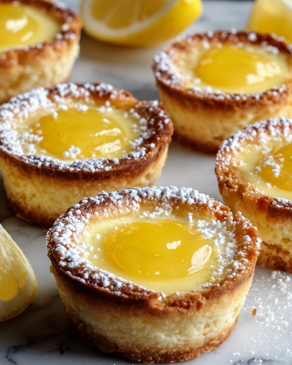 The image shows several small lemon tarts on a white marbled surface. Each tart has three visible layers: a golden brown crispy crust forming the base and rim, a thick creamy pale yellow filling in the middle, and a glossy bright yellow lemon curd topping, slightly sunken in the center. Some tarts are dusted lightly with white powdered sugar on top, adding texture. There are also lemon wedges placed near the tarts, adding a fresh yellow accent in the background. The overall look is warm and inviting photo taken with an iphone --ar 4:5 --v 7