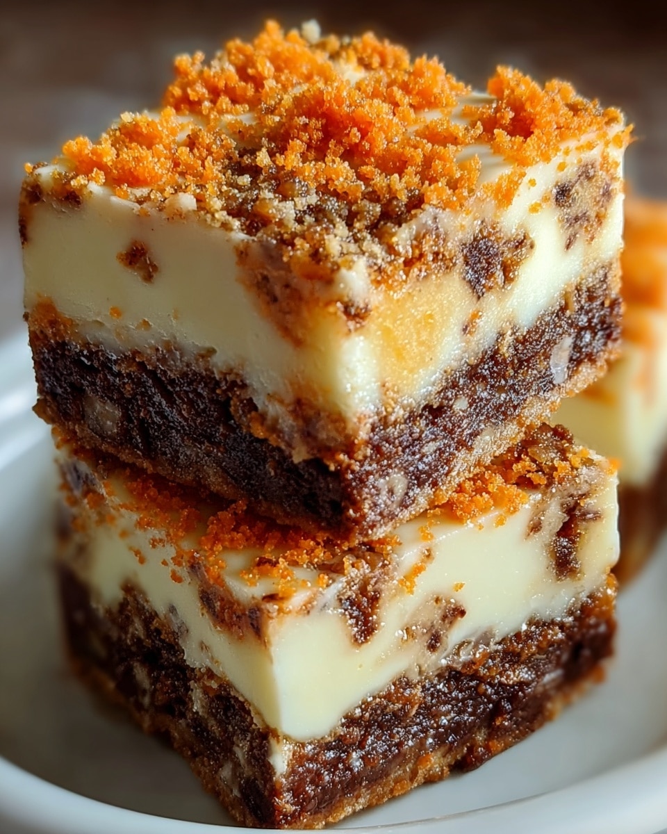 A close-up view of two stacked square dessert bars on a white plate, each bar showing three main layers: the bottom layer is a dense, dark brown textured base with small chunks visible; the middle layer is thick and creamy off-white with orange specks throughout; the top layer is a thin dark brown section covered by a smooth creamy off-white layer sprinkled generously with fine orange crumbs that add a crunchy texture. The white marbled surface softly blurs in the background, highlighting the rich textures and colors of the dessert. photo taken with an iphone --ar 4:5 --v 7