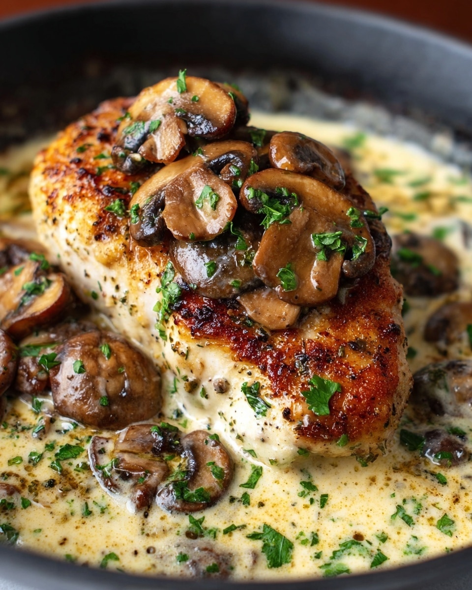 A close-up of a cooked chicken breast with a crispy, golden brown crust sitting in a creamy light yellow sauce. The chicken is topped with soft, sautéed brown mushrooms that have a shiny texture and small green parsley pieces scattered on top. Additional mushroom slices and parsley flakes surround the chicken in the sauce within a black pan. The background is a white marbled texture. Photo taken with an iphone --ar 4:5 --v 7