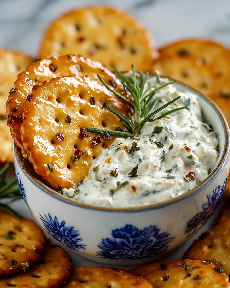 A close-up view of a small blue patterned bowl filled with creamy white dip layered with green herb flecks and small bits of crunchy seasoning on top. On top of the dip, there is a stack of golden-brown round crackers with small holes and green herb pieces baked into them. A green rosemary sprig is placed on the right side of the dip, adding a fresh touch. The background features a soft white marbled texture, making the rich colors of the dip and crackers stand out. photo taken with an iphone --ar 4:5 --v 7