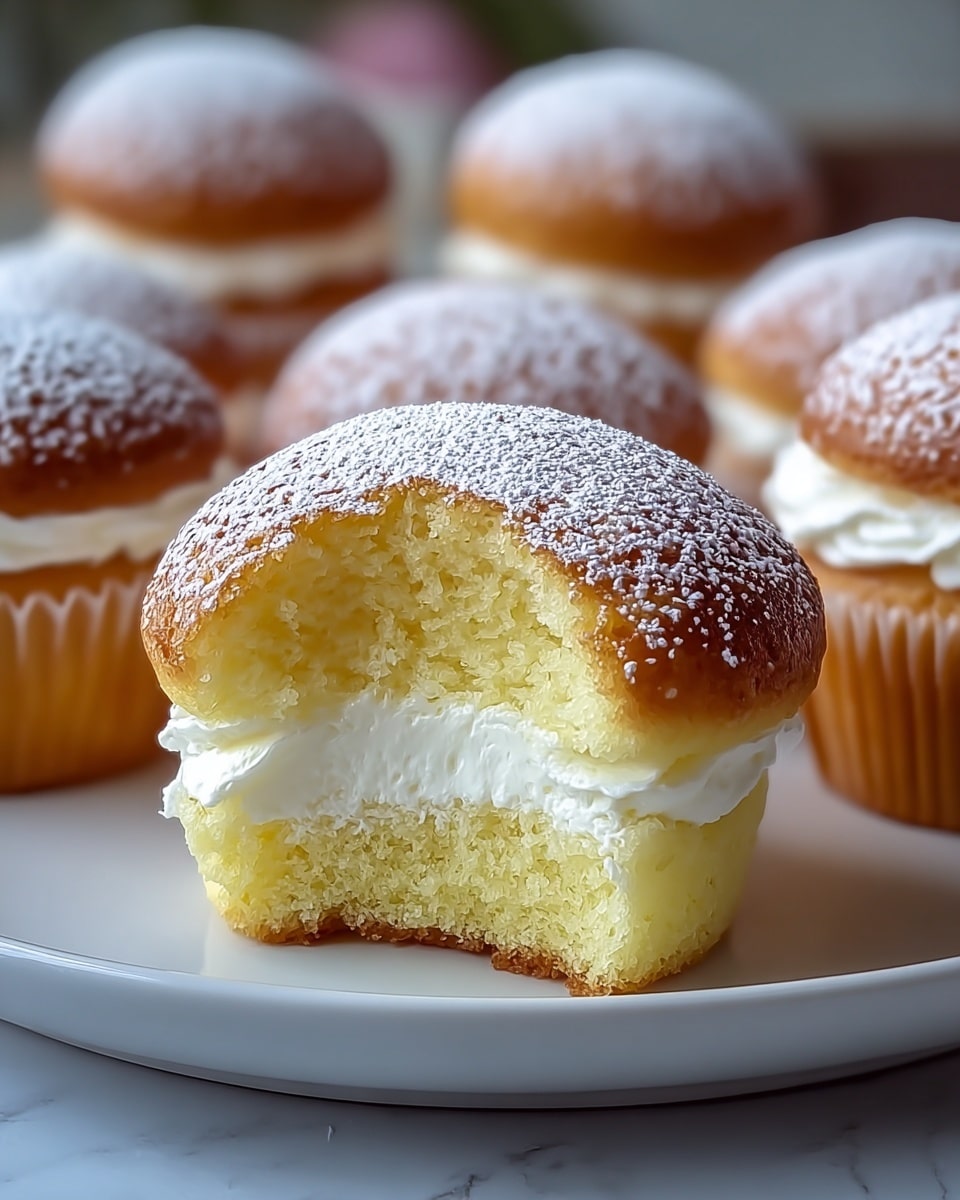 The image shows a soft yellow cupcake split in half horizontally with a thick, white, fluffy layer of cream filling in the middle. The top half of the cupcake is golden brown with a dusting of white powdered sugar, giving it a slightly textured look. In the background, several similar cupcakes with white cream tops and powdered sugar can be seen slightly out of focus. All cupcakes are placed on a smooth white plate resting on a white marbled surface. photo taken with an iphone --ar 4:5 --v 7