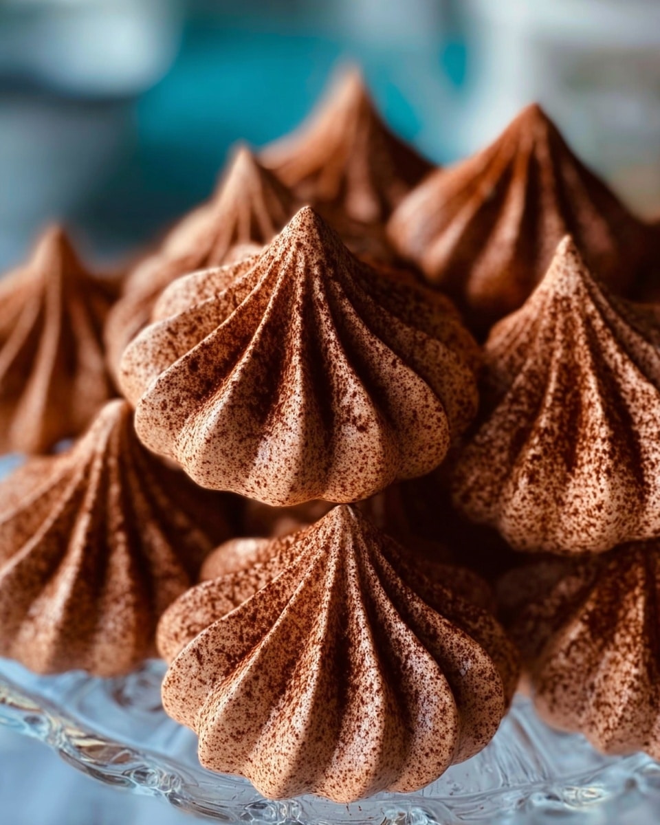 The image shows a close-up of several chocolate meringue cookies piled together on a clear glass cake stand with a white marbled surface visible beneath. Each meringue has a rich brown color with a fine dusting of cocoa powder, giving a slightly speckled texture. They are shaped with distinct ridges forming a star-like pattern, and each meringue has a pointed peak at the top. The meringues are stacked in layers, with some partially hidden behind others, creating a sense of depth and abundance. The background is softly blurred with cool blue tones, emphasizing the sharp focus on the meringues. photo taken with an iphone --ar 4:5 --v 7