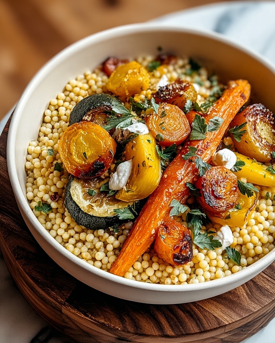 A bowl filled with three main layers, starting with a bed of small, soft, pale yellow couscous grains at the bottom. On top, there are several pieces of roasted vegetables with a golden brown char, including round golden potatoes, orange carrot slices, and wedge-shaped yellow squash. Small green herb leaves, possibly parsley, are scattered across the vegetables and couscous, along with a few small white dollops that look like cream or cheese. The bowl is white, sitting on a round wooden base with a white marbled textured surface underneath. photo taken with an iphone --ar 4:5 --v 7