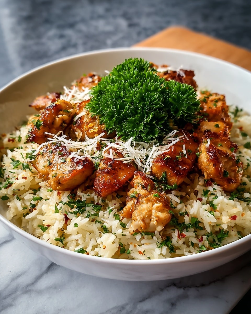 A white deep bowl filled with a base layer of cooked rice mixed with finely chopped green herbs, small bits of red spices, and a slightly soft texture. On top of the rice, there are several pieces of golden-brown seared chicken pieces with a slightly crispy and caramelized outside, sprinkled with thin white shreds of cheese and bits of finely chopped herbs. At the center, a bright green parsley garnish adds a fresh and vibrant touch. The bowl is placed on a white marbled texture surface. photo taken with an iphone --ar 4:5 --v 7
