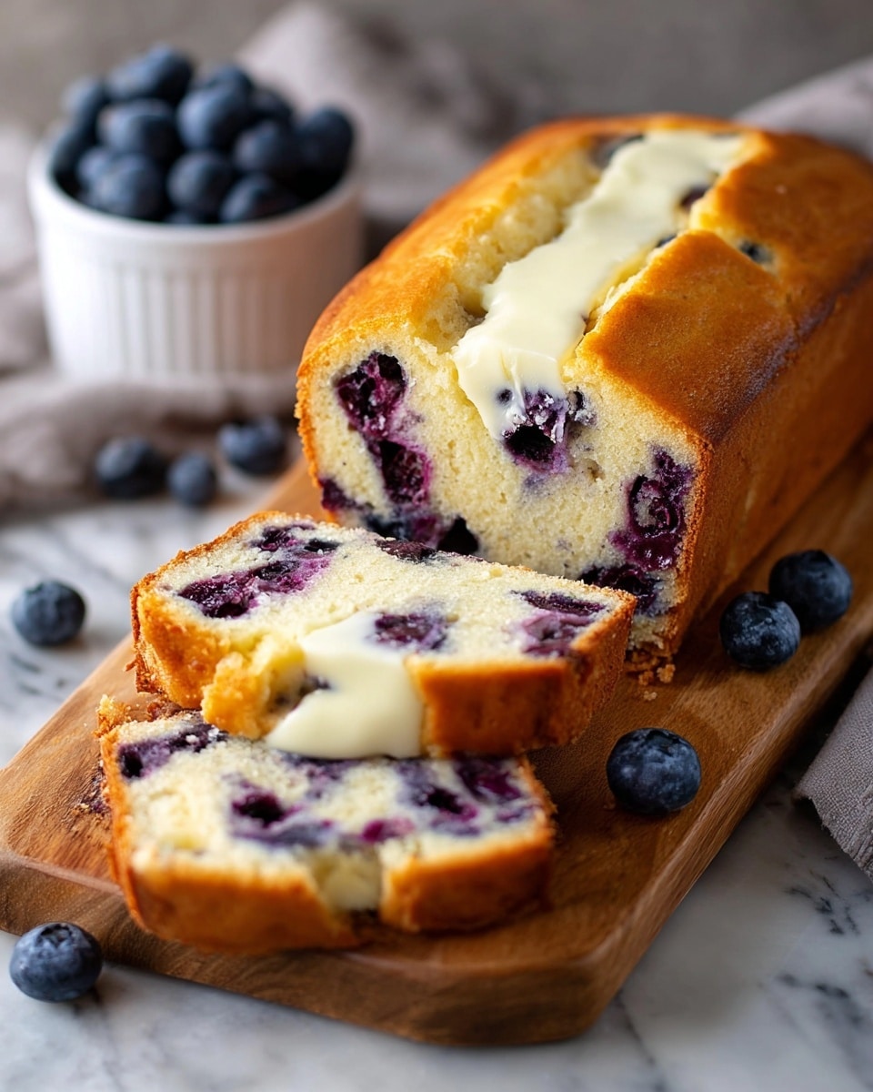 A loaf of blueberry cake is partly sliced on a wooden board placed on a white marbled surface. The cake has two visible slices cut from it, each showing soft, light yellow cake with dark purple blueberries mixed inside. Creamy white butter melts slowly on the freshly cut edges. The cake’s top is golden brown, smooth, and slightly cracked. Around the board, several plump blueberries are scattered, with more blueberries inside a white ramekin bowl in the background. The focus is on the detailed texture of the cake and blueberries, with a soft background blur. photo taken with an iphone --ar 4:5 --v 7