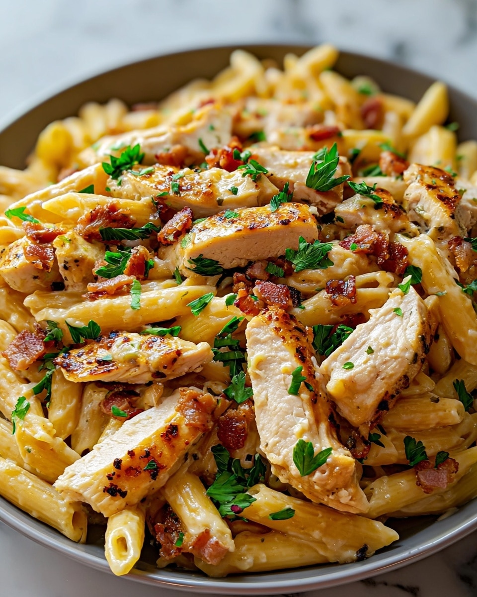 A close-up view of a pasta dish served in a white bowl, filled with creamy yellow penne pasta as the base layer. On top of the pasta are pieces of golden-brown grilled chicken breast scattered evenly, with a slightly crispy and textured surface. Small bits of crispy reddish-brown bacon pieces are mixed throughout the dish, adding a crunchy contrast. Fresh green parsley leaves are sprinkled on top, providing a pop of color. The dish looks creamy with subtle black pepper flecks visible, and the edges show a glossy finish from the sauce. The bowl sits on a white marbled surface. photo taken with an iphone --ar 4:5 --v 7