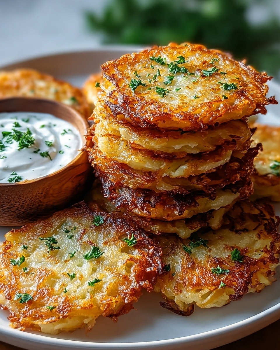 A wooden plate holds a stack of six golden brown potato pancakes, each round and crispy with a textured surface showing bits of grated potato and herbs. The pancakes are topped and sprinkled with small pieces of fresh green parsley. On the side, a white bowl contains a generous dollop of sour cream also garnished with chopped parsley. The scene is set on a white marbled texture with soft natural light coming from the background, creating a warm and appetizing look. photo taken with an iphone --ar 4:5 --v 7