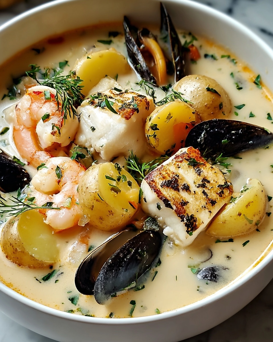 A white bowl filled with creamy white chowder showing visible chunks of white fish pieces, pinkish-orange cooked shrimp with a firm texture, a black mussel shell, and pale yellow potato cubes with green herb sprinkles on top, all surrounded by a smooth, rich cream base with small bits of green herbs scattered throughout, placed on a white marbled surface. photo taken with an iphone --ar 4:5 --v 7