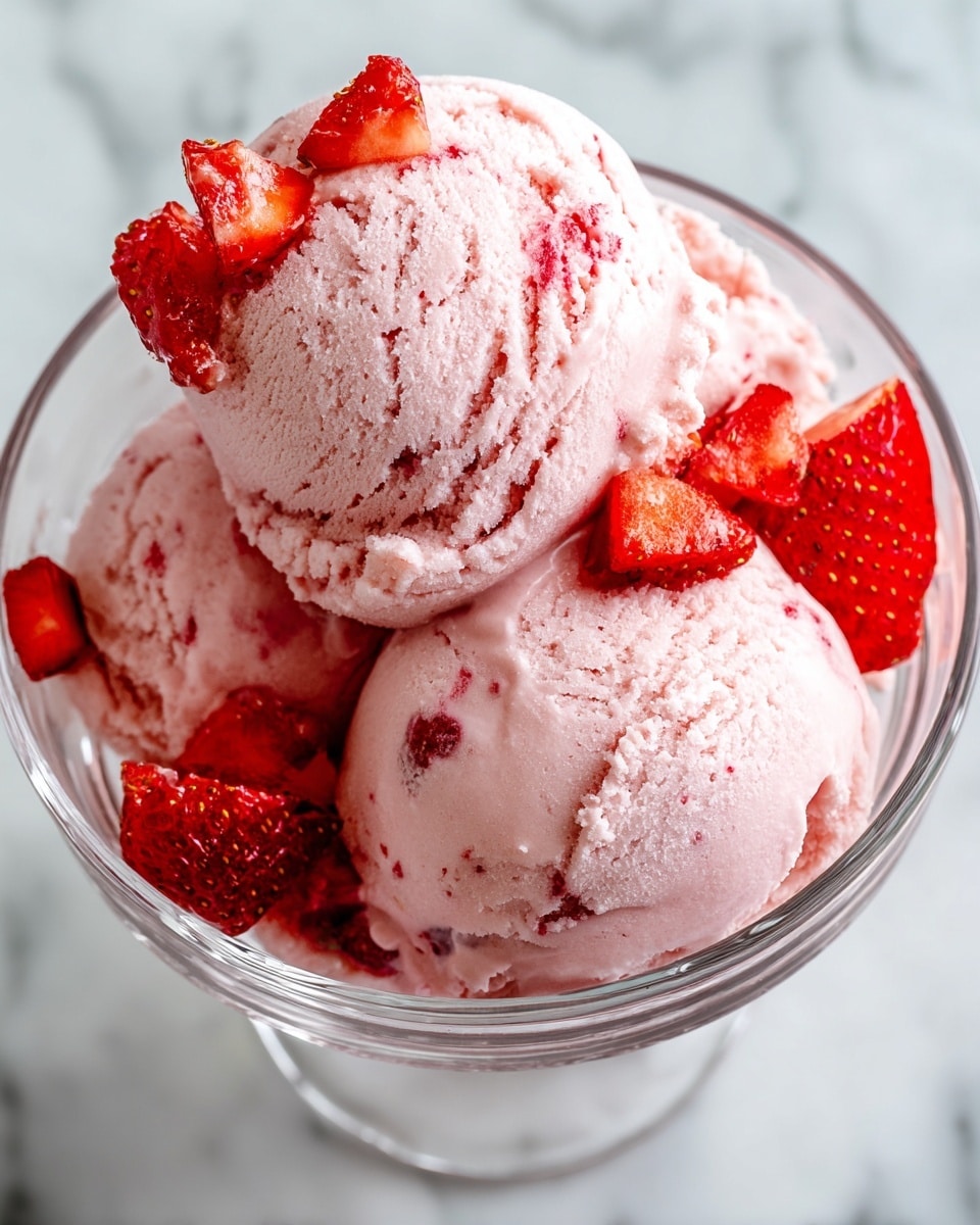 The image shows a clear glass bowl filled with three generous scoops of creamy pink strawberry ice cream. The ice cream has a smooth and slightly melting texture, with small bits of strawberry mixed inside. Scattered around and on top of the ice cream scoops are fresh, shiny, red strawberry pieces adding a fresh, juicy texture and bright contrast. The bowl is placed on a white marbled surface that adds a clean and elegant look to the image. photo taken with an iphone --ar 4:5 --v 7