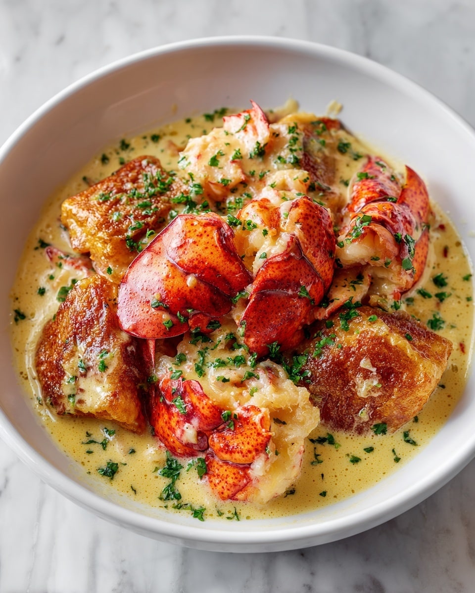 A white bowl holds a rich seafood dish featuring large, bright red lobster claw pieces on top. The dish has a creamy, pale yellow sauce with small bits of herbs sprinkled over it. Underneath and mixed with the lobster pieces are soft, golden-brown puff pastry pieces partially soaked in the sauce. The sauce has a smooth, slightly thick texture, and the lobster meat looks tender and fresh. The whole bowl sits on a white marbled surface. photo taken with an iphone --ar 4:5 --v 7