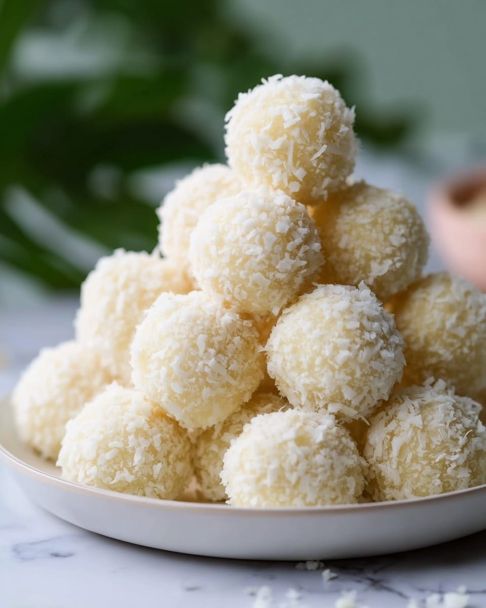 A pile of small, round coconut balls stacked neatly on a white plate, each ball covered with tiny white coconut flakes giving them a rough, textured look. The balls are creamy white in color and arranged in a pyramid shape, with layers of coconut balls resting on each other. The background is softly blurred with hints of green, and the whole scene is set on a white marbled surface. Photo taken with an iphone --ar 4:5 --v 7
