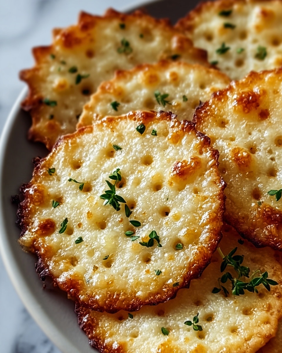 A close-up view of round, crispy crackers with a golden-brown melted cheese layer covering each one, with small green herb leaves scattered on top. The crackers show a slightly bubbled texture with small holes, and the edges are darkened to a deeper brown from toasting. They are stacked slightly overlapping on a white plate with a subtle white marbled texture background. photo taken with an iphone --ar 4:5 --v 7
